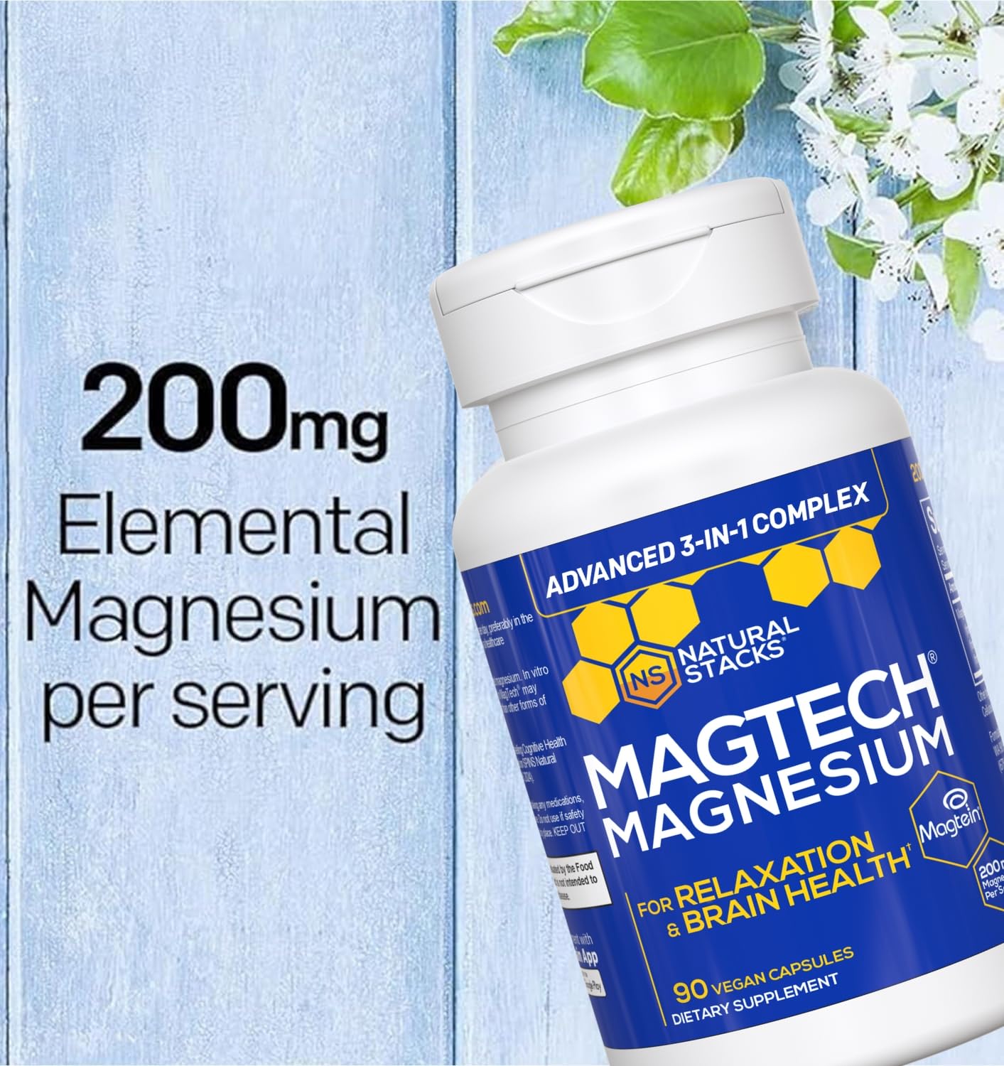 Magtein Magnesium L-Threonate, Glycinate & Taurate – 200mg Chelated Magnesium Complex – MagTech Magnesium Supplement for Relaxation & Brain Health – 90 Capsules NATURAL STACKS uk supplements