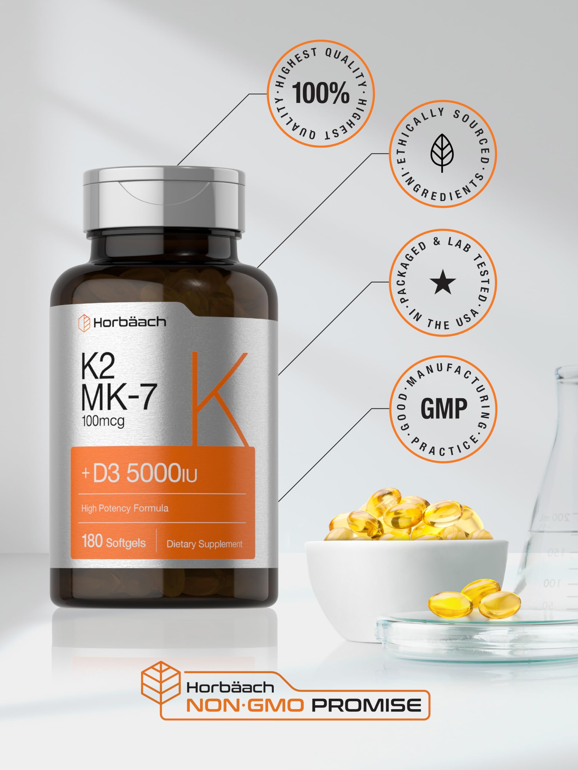 Horbäach Vitamin D3 K2 | 5000iu of Vitamin D & 100mcg MK-7 Complex | 180 Softgel Cap Horbäach uk supplements