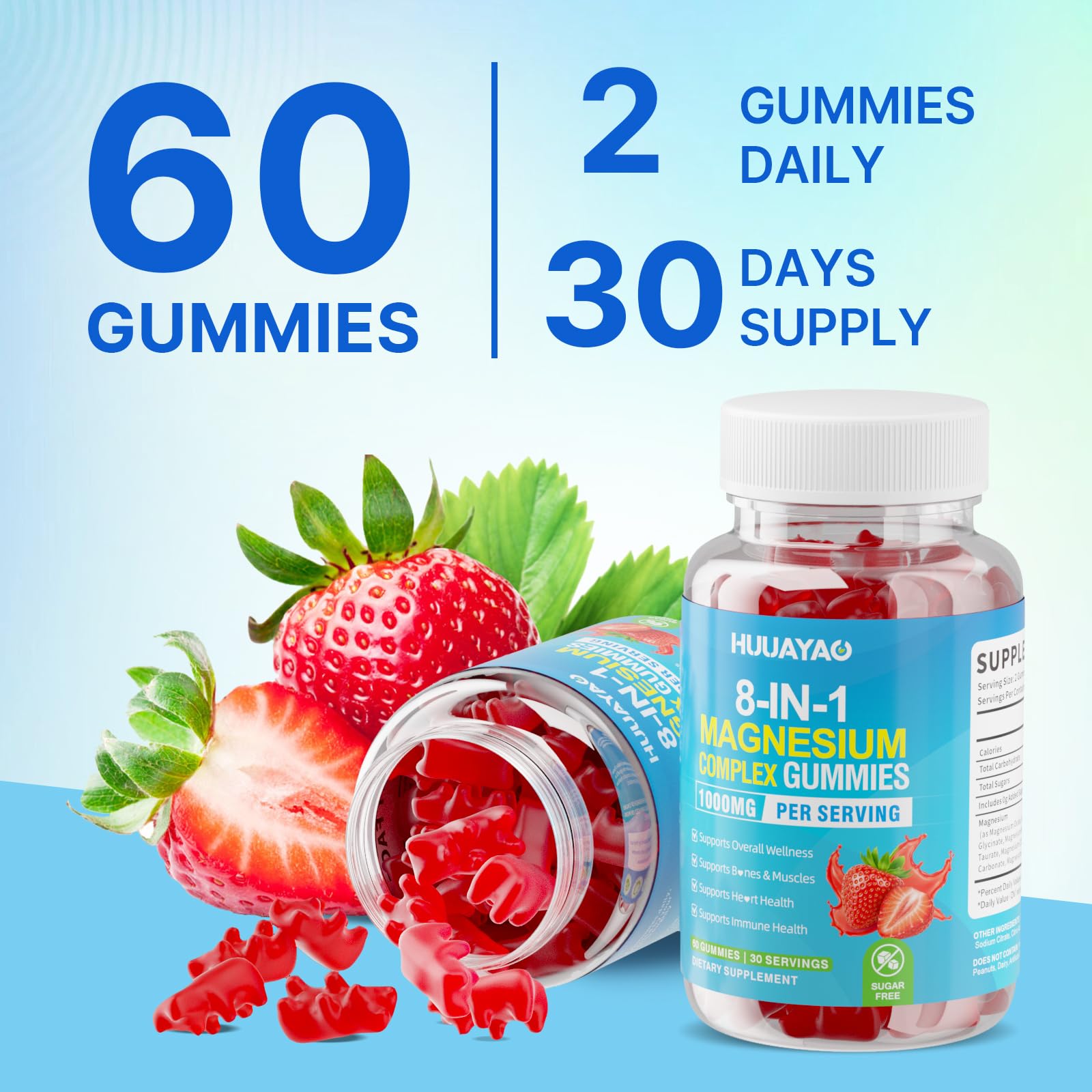 Magnesium Complex Gummies for Women Men 8 in 1, Magnesium Glycinate, Citrate, Malate, Taurate, Supports Bones, Muscle, Nerve Health, Sugar-Free, Vegan Non-GMO, Strawberry Flavor, 120 Count HUUAYAO uk supplements
