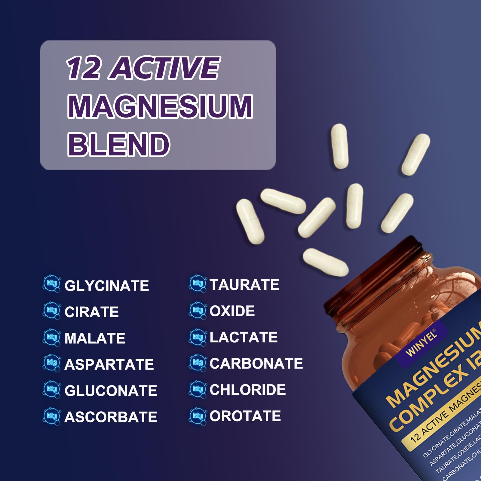 Magnesium Complex 700mg 12 in 1 Magnesium Supplement with Glycinate, Citrate, Malate | Sleep, Calm, Muscle Relaxation, Heart Health Support | Vegan 120 Capsules WINYEL uk supplements
