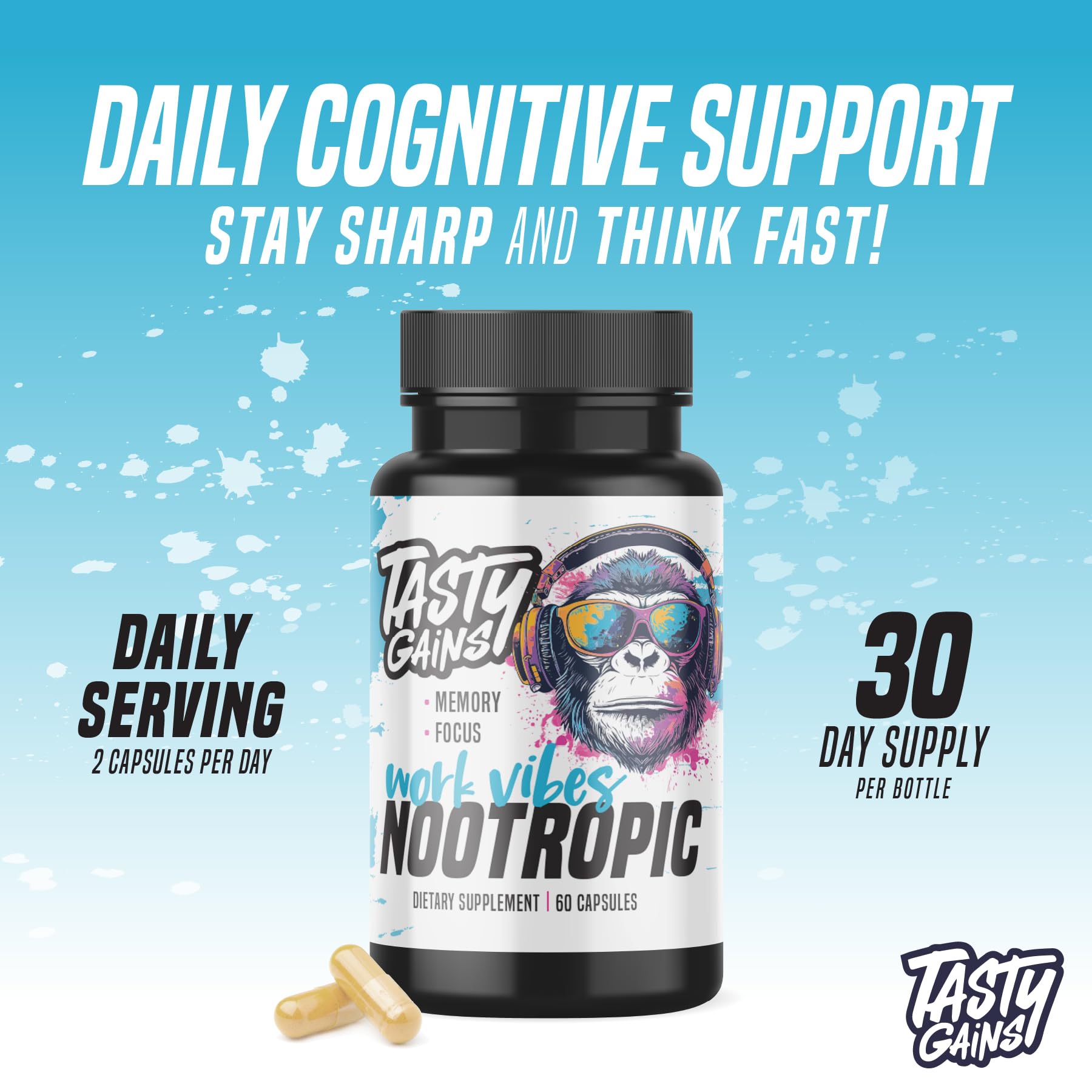 Nootropic Brain Supplement for Memory and Focus - Vitamin for Mental Health & Brain Health with L-Theanine, Rhodiola Rosea & Phosphatidylserine - Memory, Mental Clarity & Cognitive Improvement - 60 Ct TASTY GAINS uk supplements