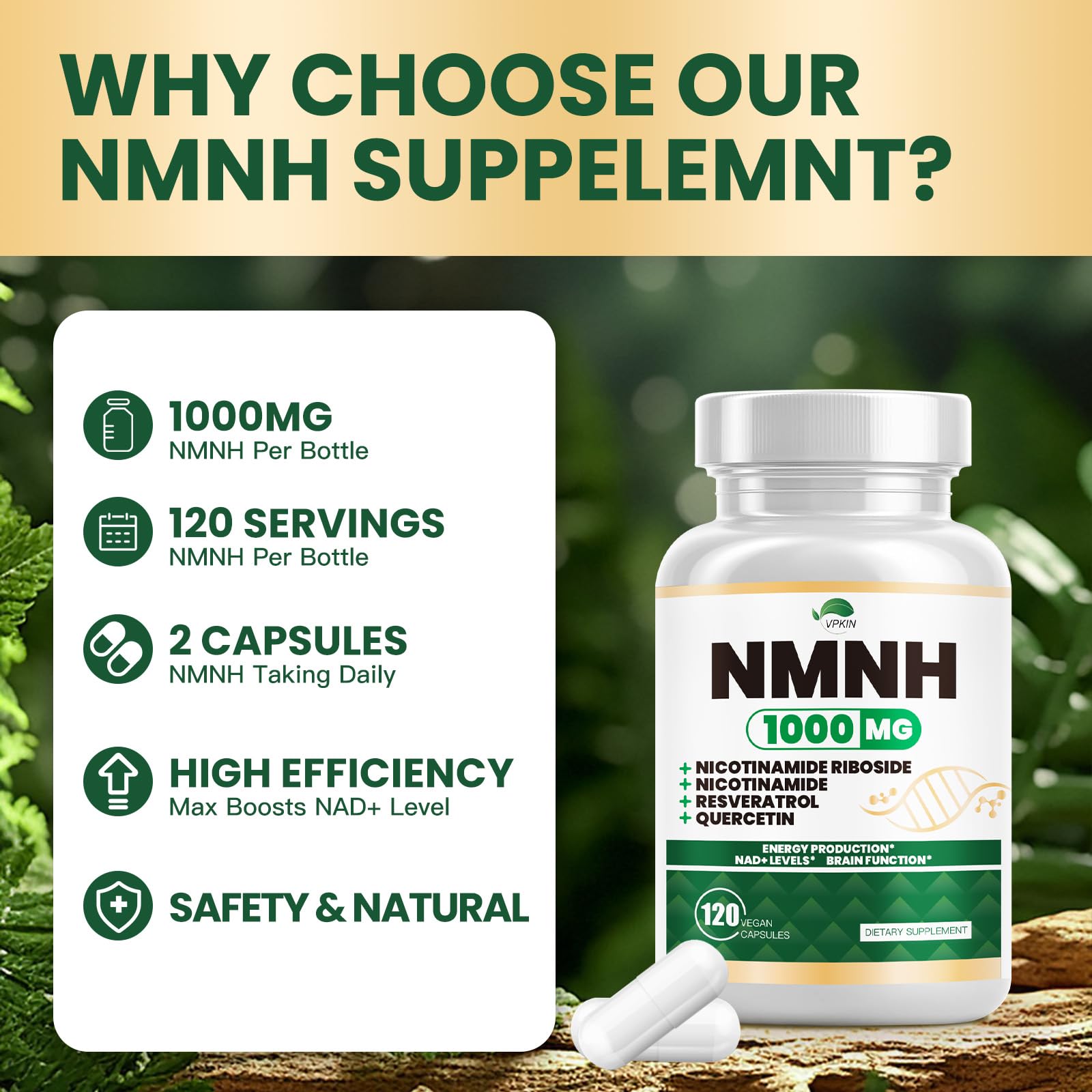 NMNH(Dihydronicotinamide Mononucleotide),NMNH Supplement 1000mg Pure Nicotinamide Mononucleotide,NAD High Purity Supplement Alternative,for Energy,Focus,Non-GMO, Gluten Free,120 Capsules VPKIN uk supplements