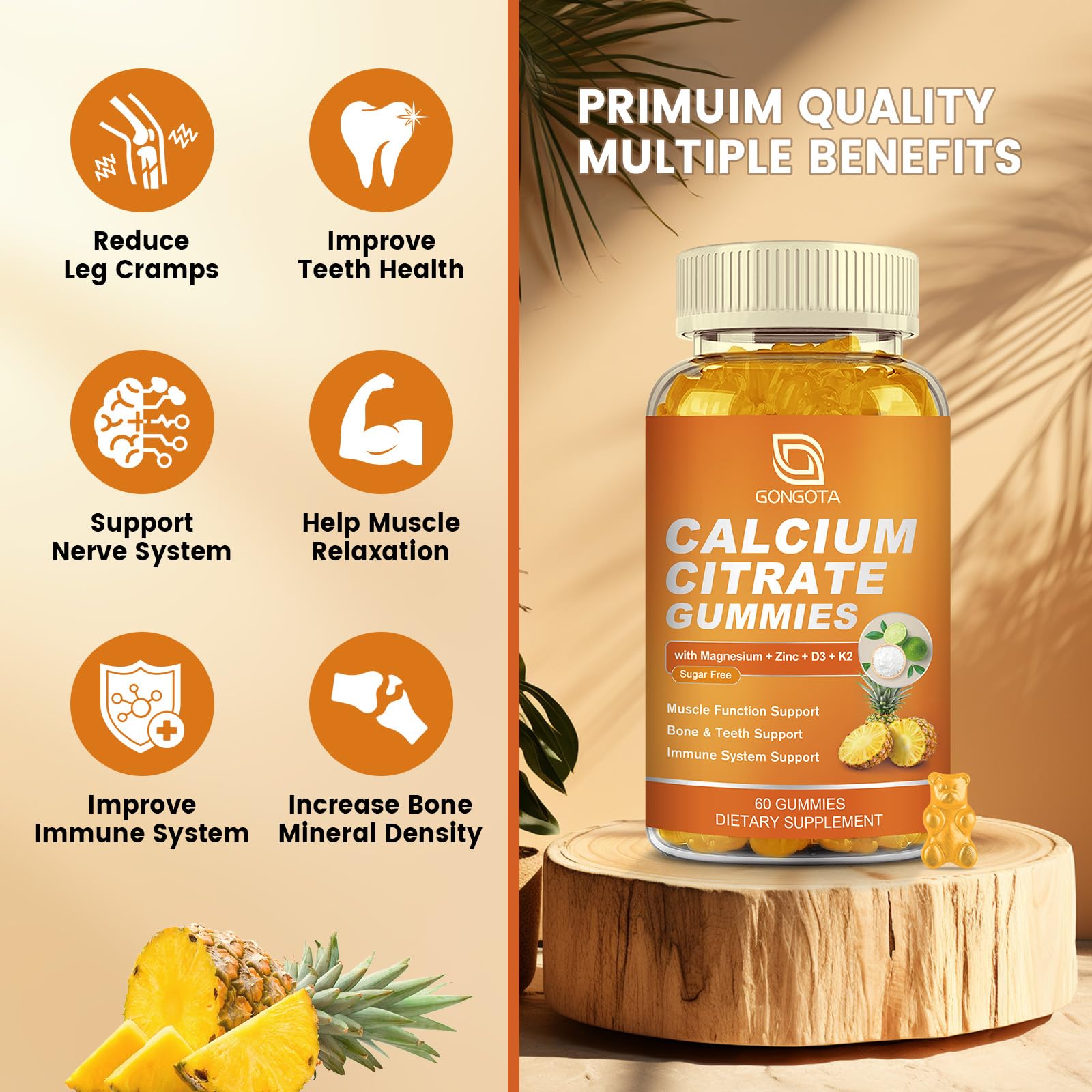 GONGOTA Calcium Citrate 1200mg with Vitamin D3 Gummies, Chewable Calcium for Bone, Muscle, Joints, Immune Support, Calcium Supplements for Women & Men,Sugar Free, Pineapple Flavor - 120 Gummies GONGOTA uk supplements