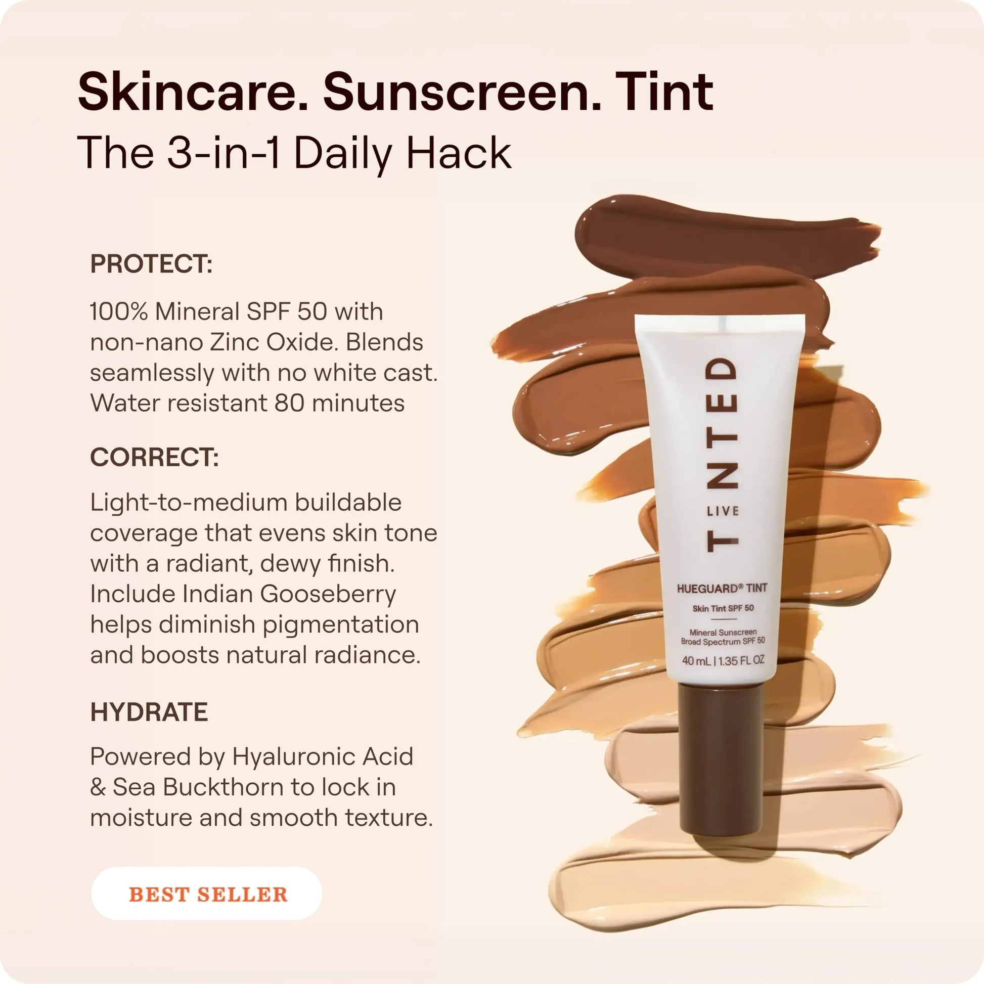Live Tinted Hueguard Skin Tint SPF 50 - Tinted Mineral Sunscreen with Light-Medium Buildable Coverage With a Hydrating and Radiant Finish - Water and Sweat Resistant, 1.35 fl oz - Shade 10 Live Tinted uk supplements