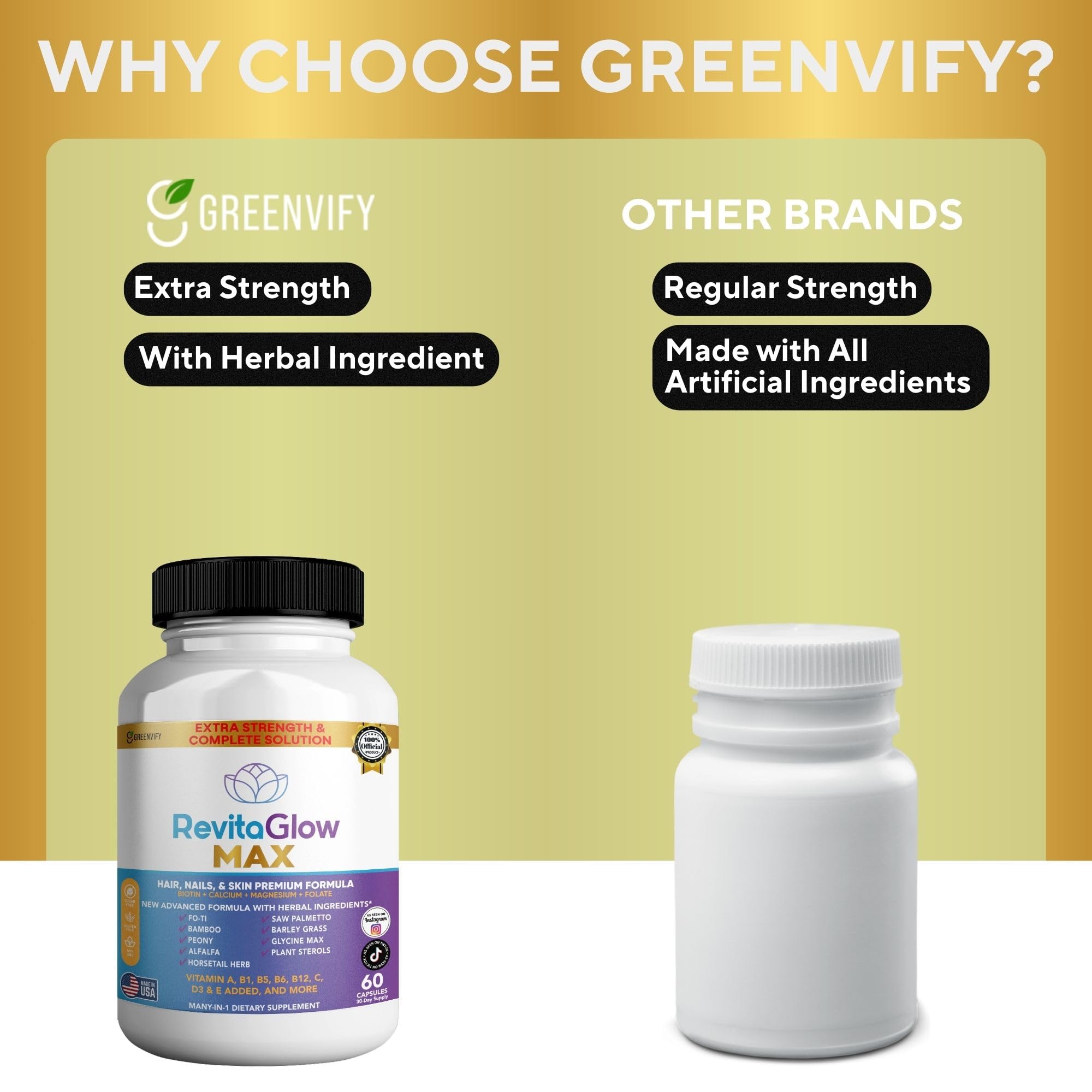 GREENVIFY RevitaGlow Max Hair, Nails & Skin Premium Formula, 60 Capsules, 30-Day Supply, with Biotin, Vitamins A, B1, B5, B6, B12, C, D3, E (1) GREENVIFY uk supplements