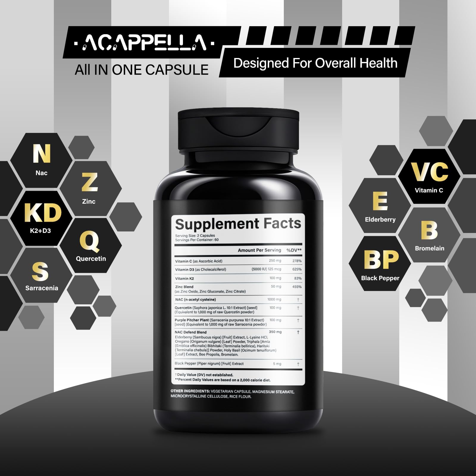 ACAPPELLA N-Acetyl Cysteine Vitamin D3 K2 Zinc Quercetin Sarracenia Purpurea NAC Supplement with Elderberry Holy Basil Bee Propolis Bromelain L-Lysin for Men & Women (1) ACAPPELLA uk supplements