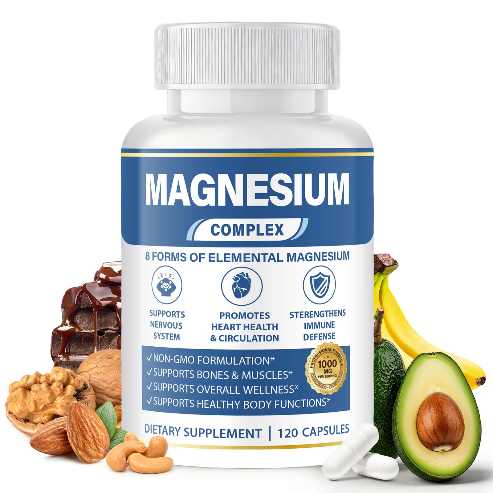 1000mg Magnesium Complex 8 in 1 for Women & Men – Magnesium Glycinate, Citrate, Malate, Taurate, Oxide, Carbonate, Aspartate, Orotate – Vegan Non-GMO, for Sleep, Fatigue & Heart Health, 120 Capsules BOSNETHUINH uk supplements