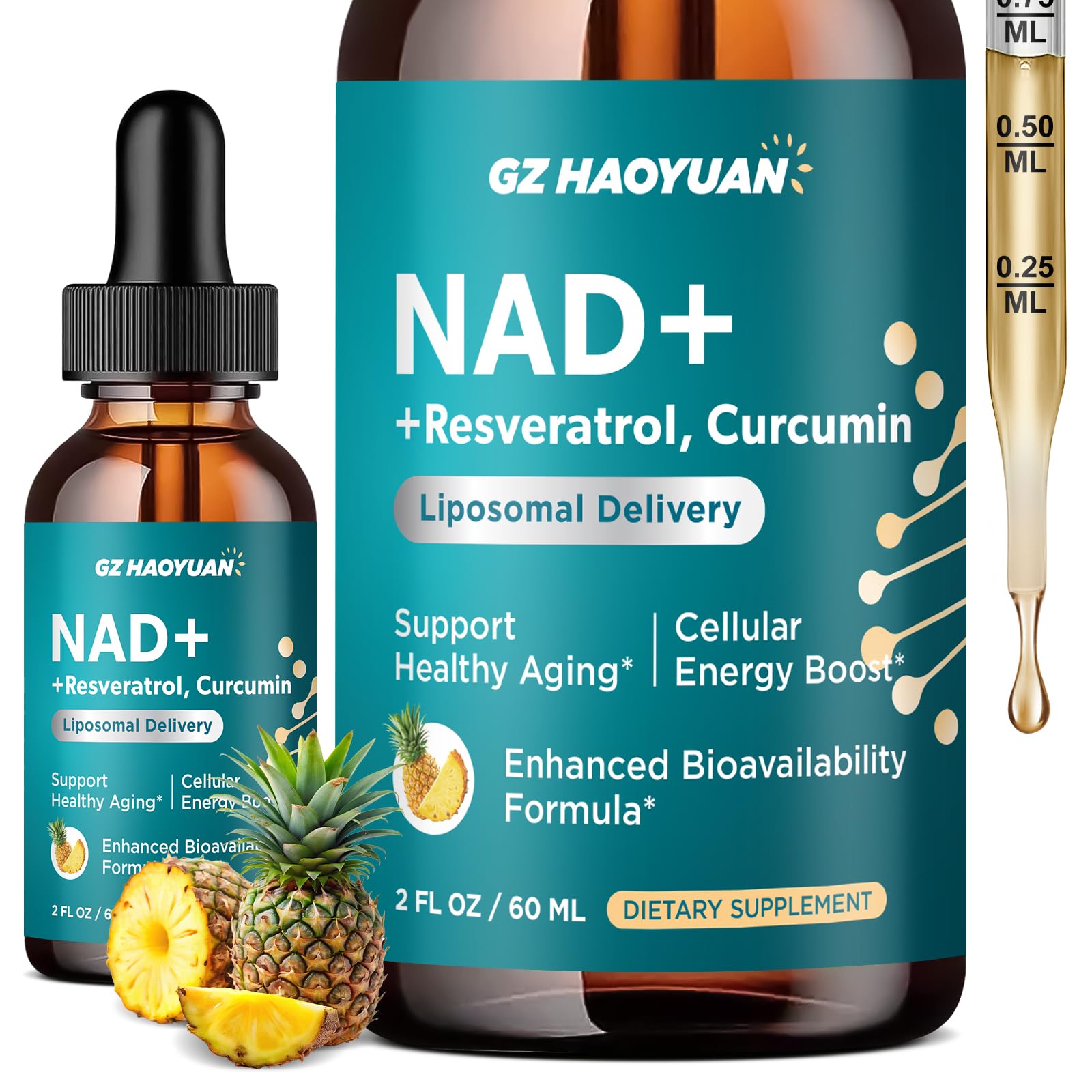 GZ HAOYUAN NAD Liquid Supplement for Women, Liposomal NAD+ Drops 1200MG with NAD Plus Resveratrol, Tmg, Quercetin, Anti-Aging, Cell Regeneration, Energy & Metabolism Support, Pineapple Flavor GZ HAOYUAN uk supplements