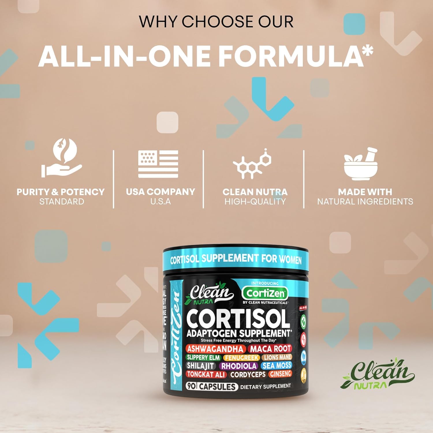 Clean Nutra Cortisol Supplements For Women | Maca Root Ashwagandha Cortisol Detox Manager Reducer + Slippery Elm Fenugreek Lions Mane Shilajit Rhodiola Sea Moss Tongkat Ali Cordyceps Ginseng Beet Root Clean Nutraceuticals uk supplements