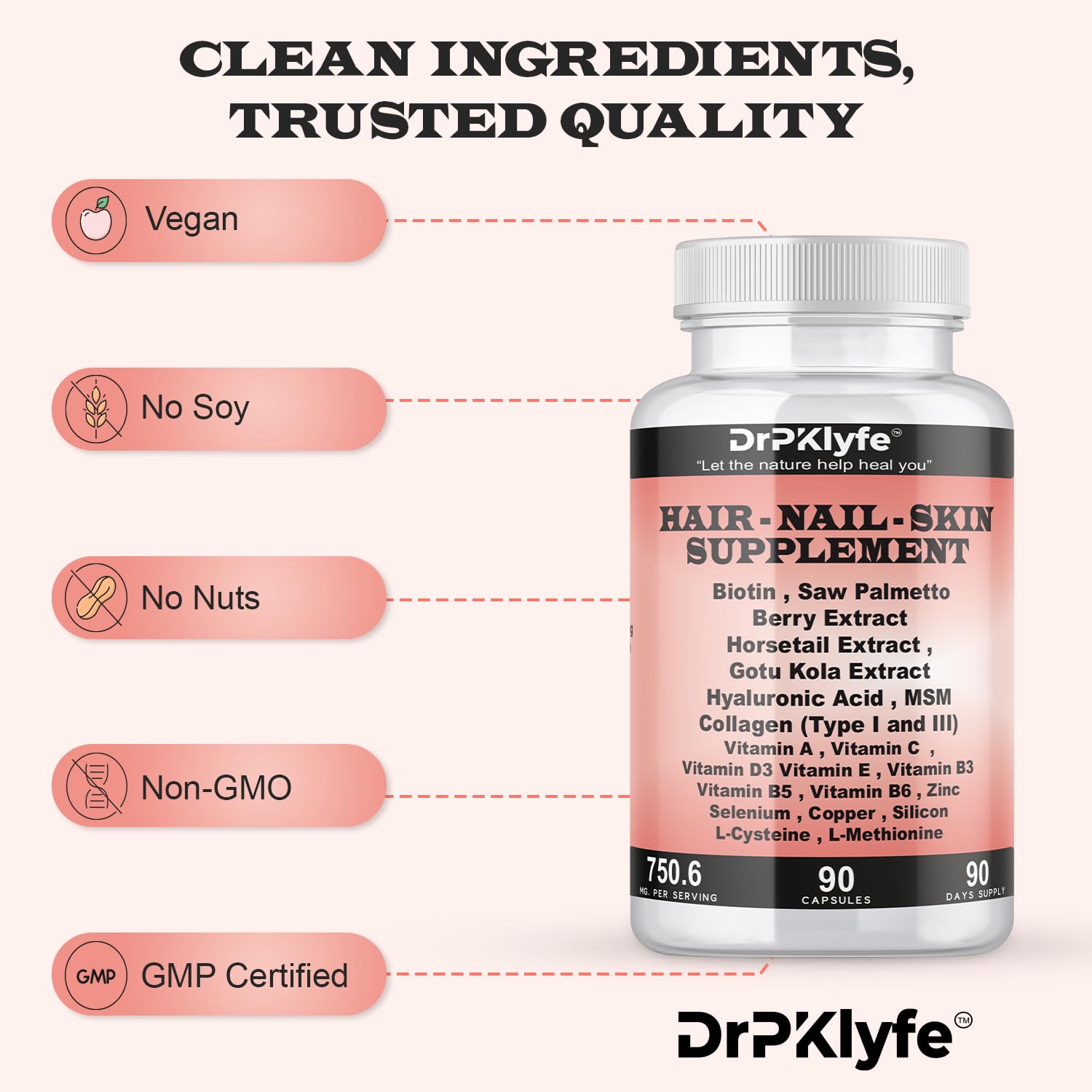 DrPKLyfe Hair, Nail and Skin Supplement Capsules:Biotin, Collagen, Collagen Peptides, Acid Hyaluronic, Biotin, Vitamin A, C, B5, B6 Saw Palmetto & More - 90 Capsules. DrPKLyfe uk supplements