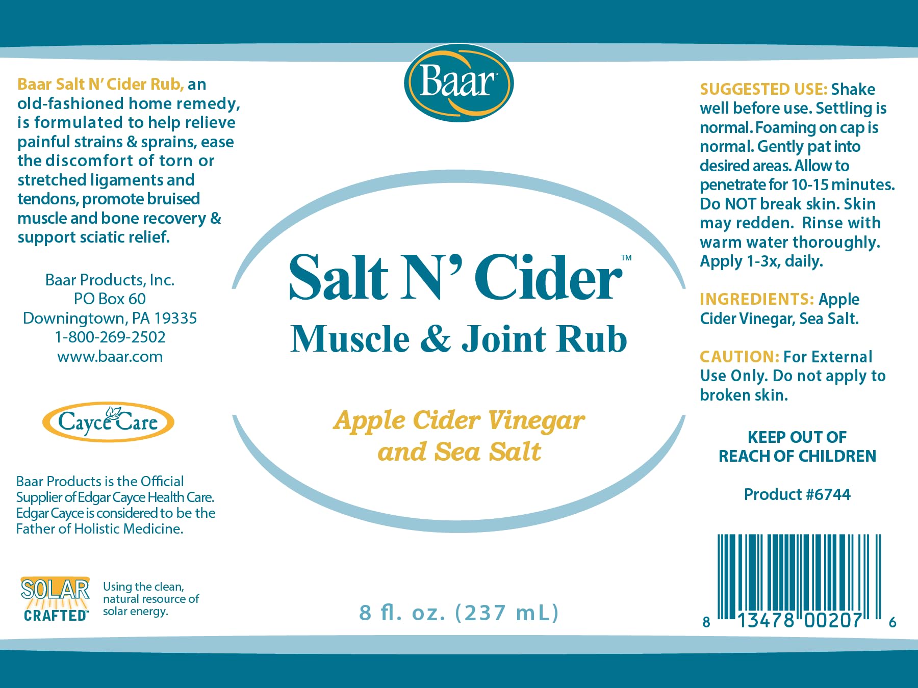 Baar Salt N' Cider Rub - Aids Bruised Ligaments & Tendons, Strains, Sprains & Bone Recovery, 8 fl. oz. Baar uk supplements