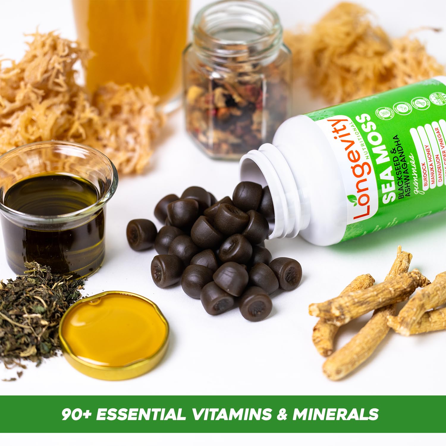 Longevity Nutritional Sea Moss, Thyroid Energy Vitamins Mineral Burdock Manuka Honey Dandelion Apple Cider Bladderwrack Ashwagandha Extract Turmeric Antioxidant Boost Immune Superfood Gummies Longevity Nutritional uk supplements