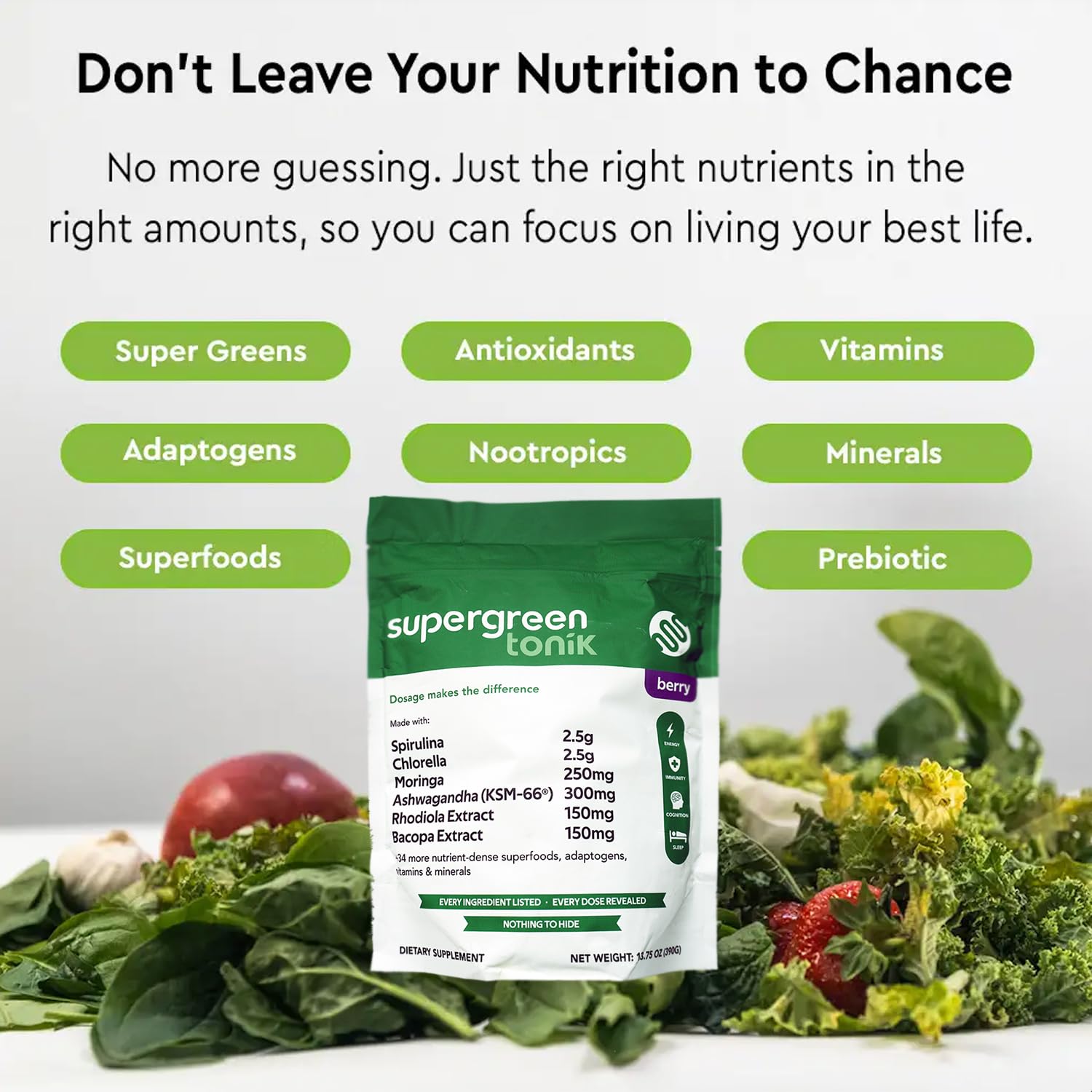 SUPERGREEN TONIK 100% Natural Greens Superfood Powder – Daily Supplement with 40 Superfoods, Vitamins and Minerals – Supports Energy, Stress and Immunity – 30 Days 360 Grams Berry Flavor (1 Bag) SUPERGREEN TONIK uk supplements