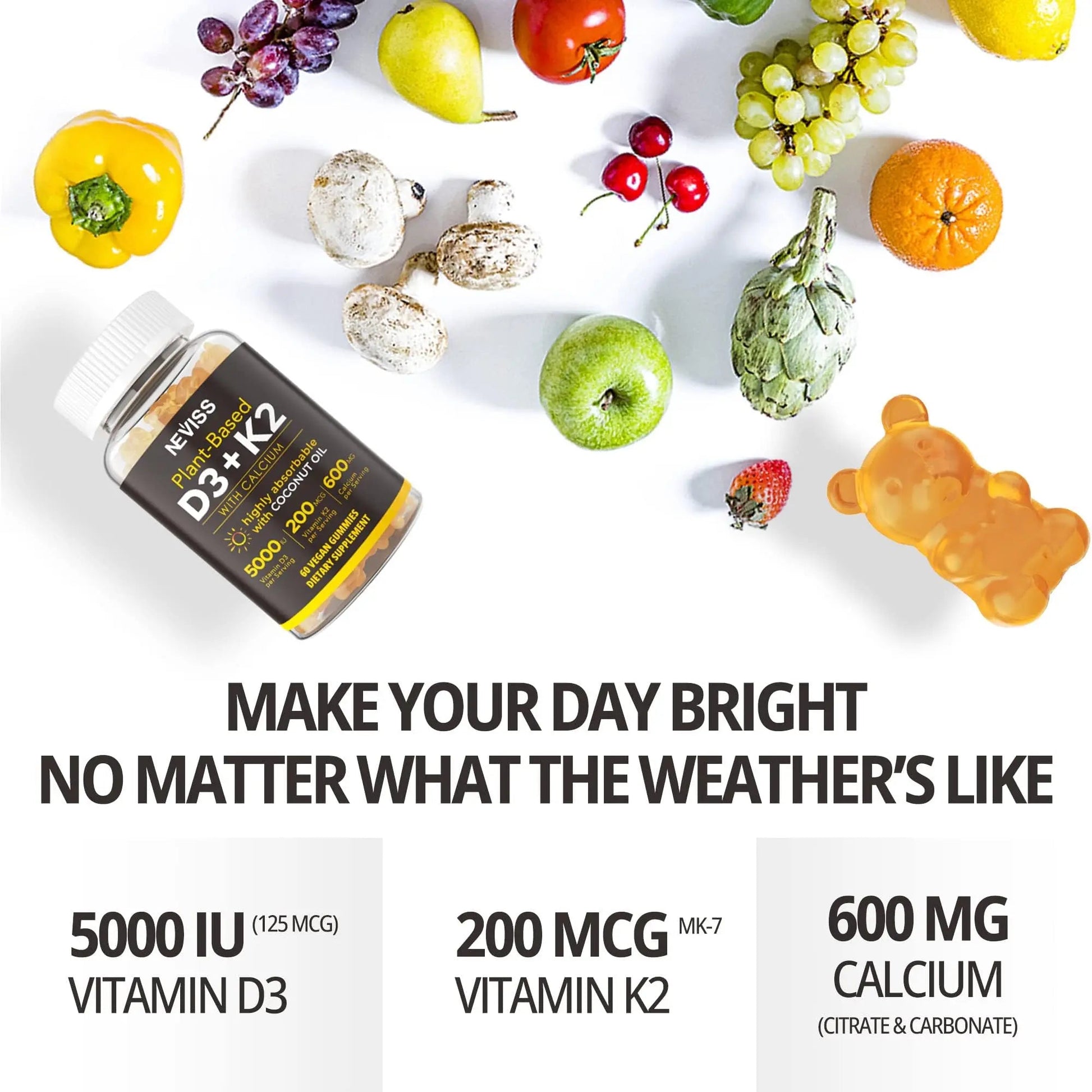 NEVISS 50+ Daily Gummy Multivitamin Algae Omega 3 & Calcium, CoQ10, Magnesium + Vitamin D3 5000IU Gummies 125mcg with Calcium 600mg, K2(MK7) 200mcg NEVISS uk supplements