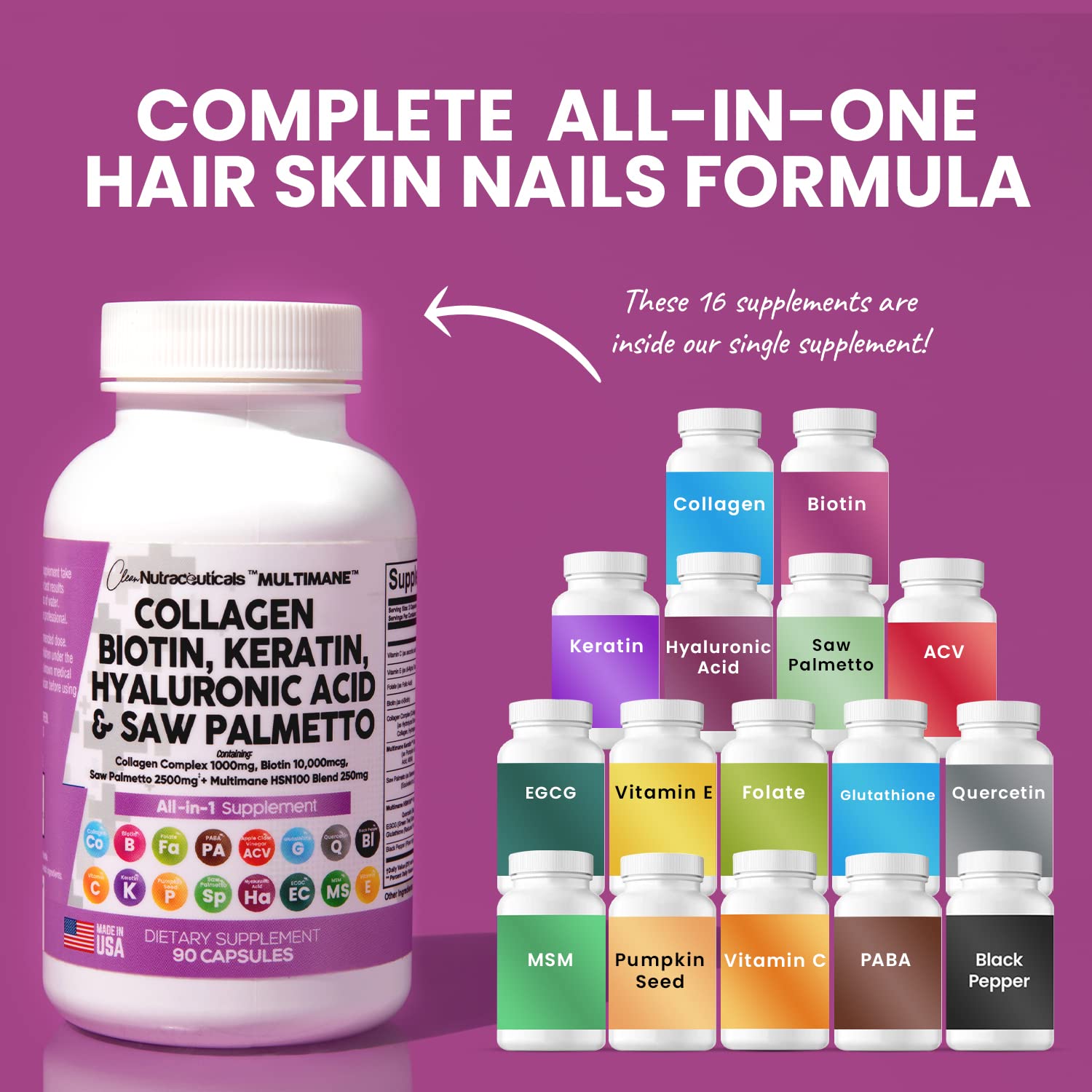 Collagen Pills 1000mg Biotin 10000mcg Keratin Saw Palmetto 2500mg 90 Ct Clean Nutraceuticals uk supplements