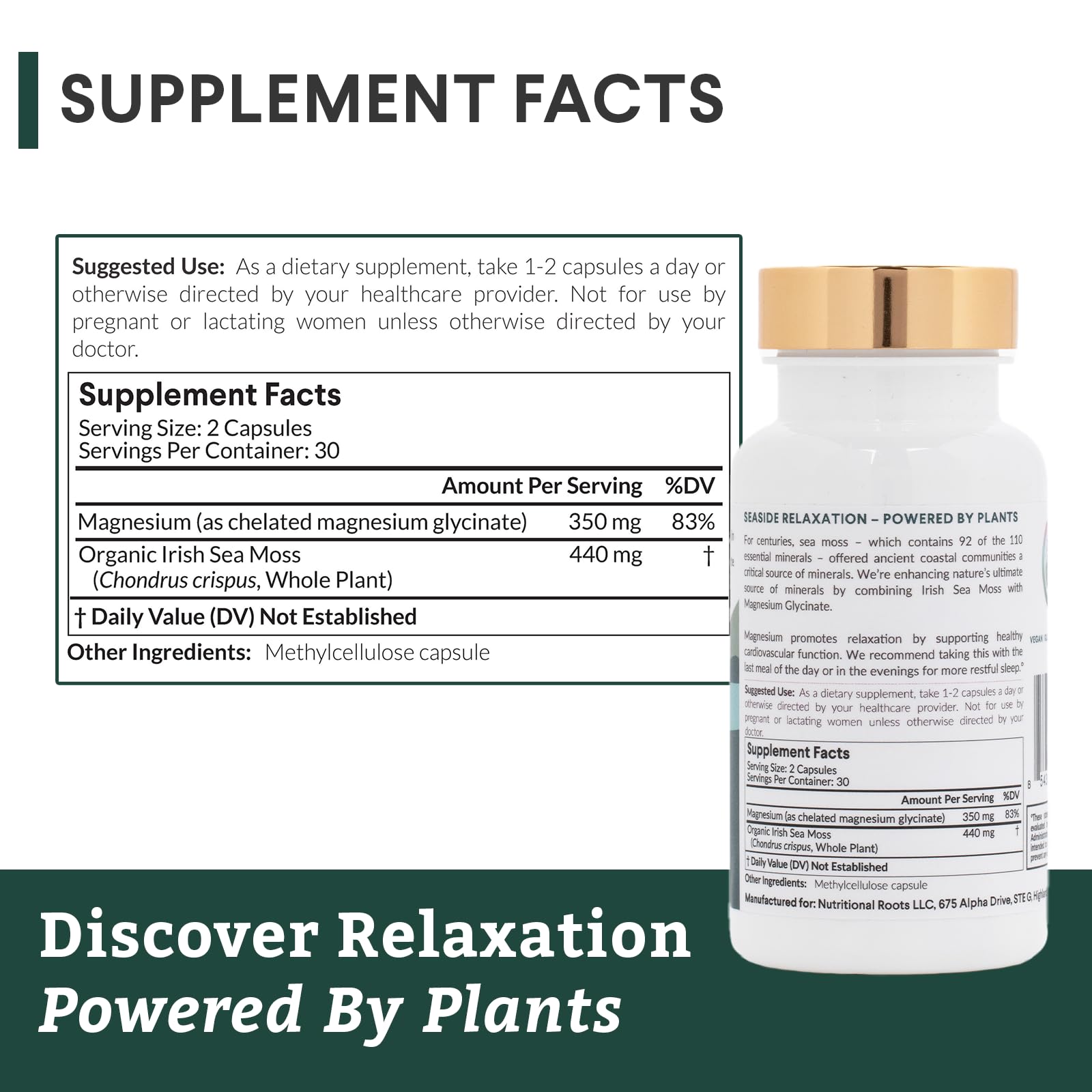 Nutritional Roots - Magnesium + Irish Sea Moss - 350mg Magnesium Glycinate & Organic Irish Sea Moss - Essential Minerals - Supports Heart & Bone Health - Dietary Supplement - 30 Servings - 60 Capsules Nutritional Roots uk supplements