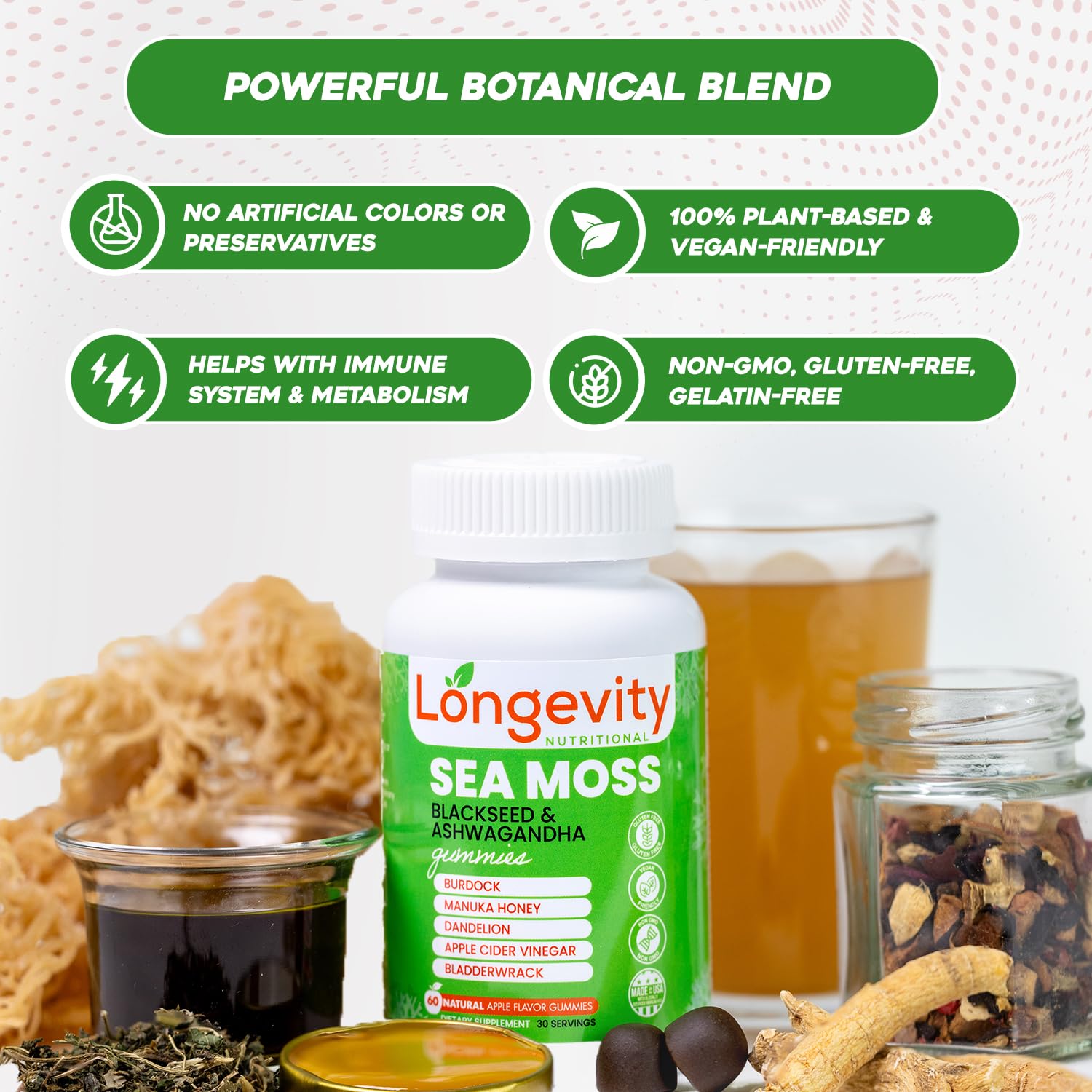 Longevity Nutritional Sea Moss, Thyroid Energy Vitamins Mineral Burdock Manuka Honey Dandelion Apple Cider Bladderwrack Ashwagandha Extract Turmeric Antioxidant Boost Immune Superfood Gummies Longevity Nutritional uk supplements
