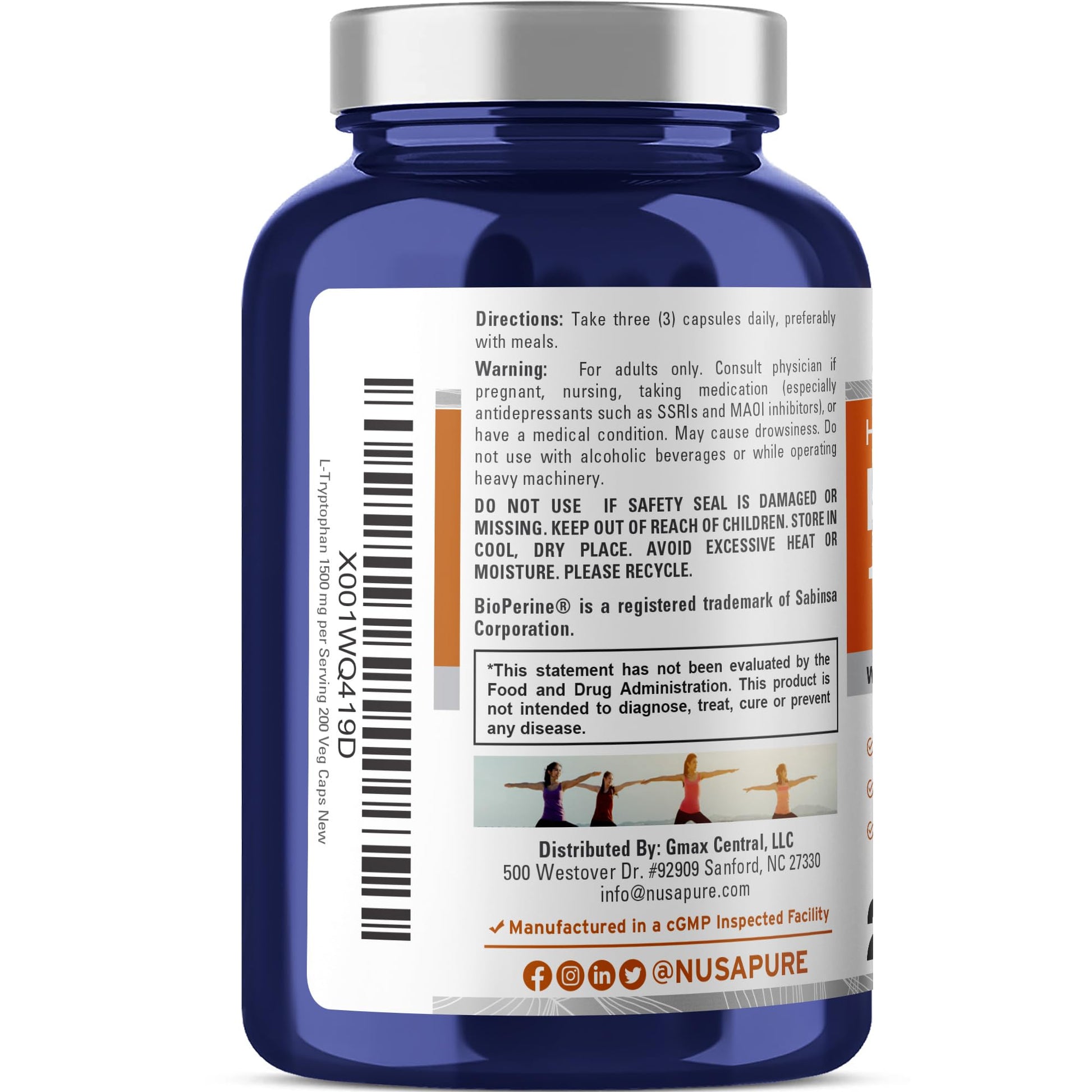 NusaPure L-Tryptophan - Suitable for Vegetarian/Vegan, Non - GMO - 1500mg 200 Capsules NusaPure uk supplements