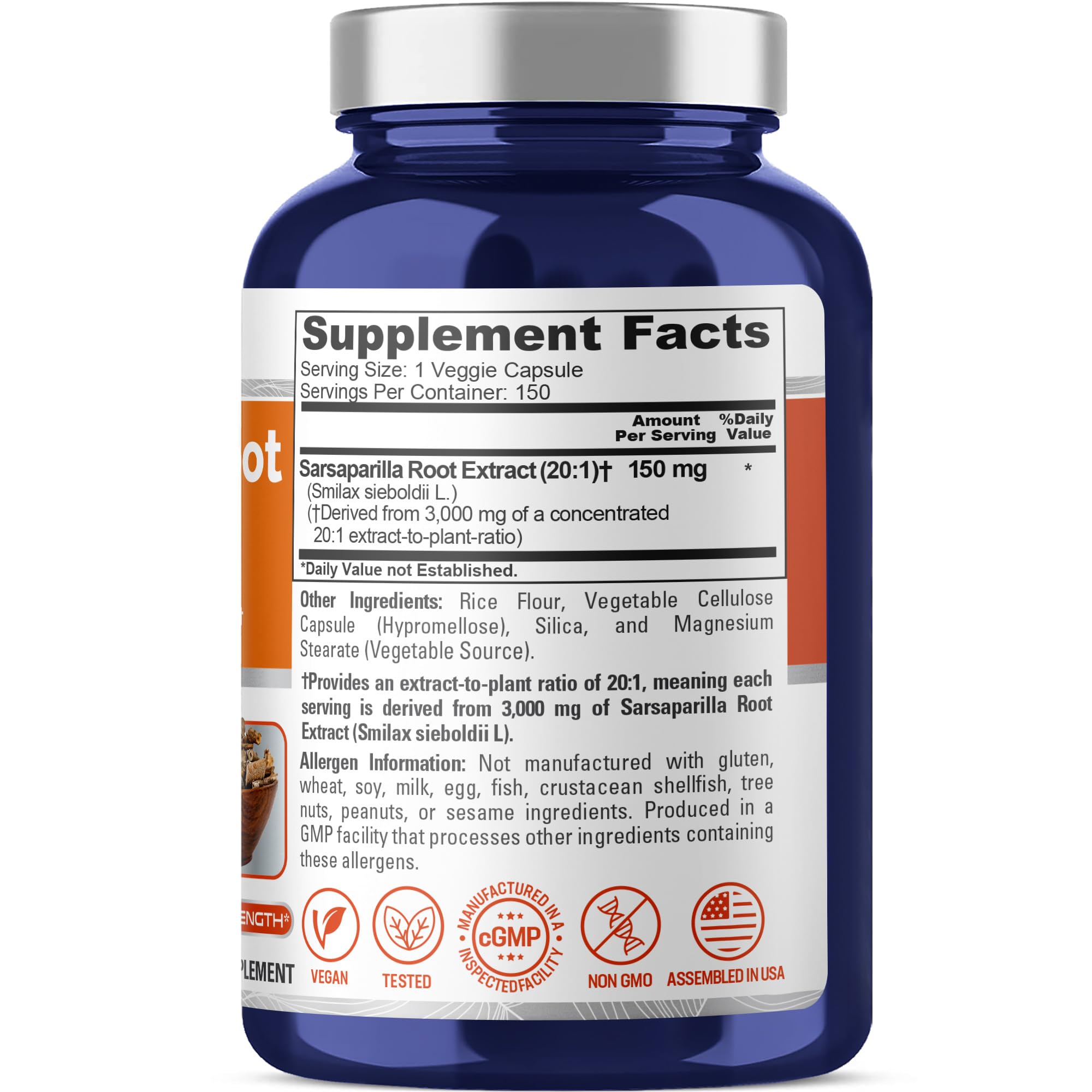 NusaPure Sarsaparilla Root 20:1 Extract - Suitable for Vegetarian/Vegan, Non - GMO - 3000 mg - 150 Capsules NusaPure uk supplements