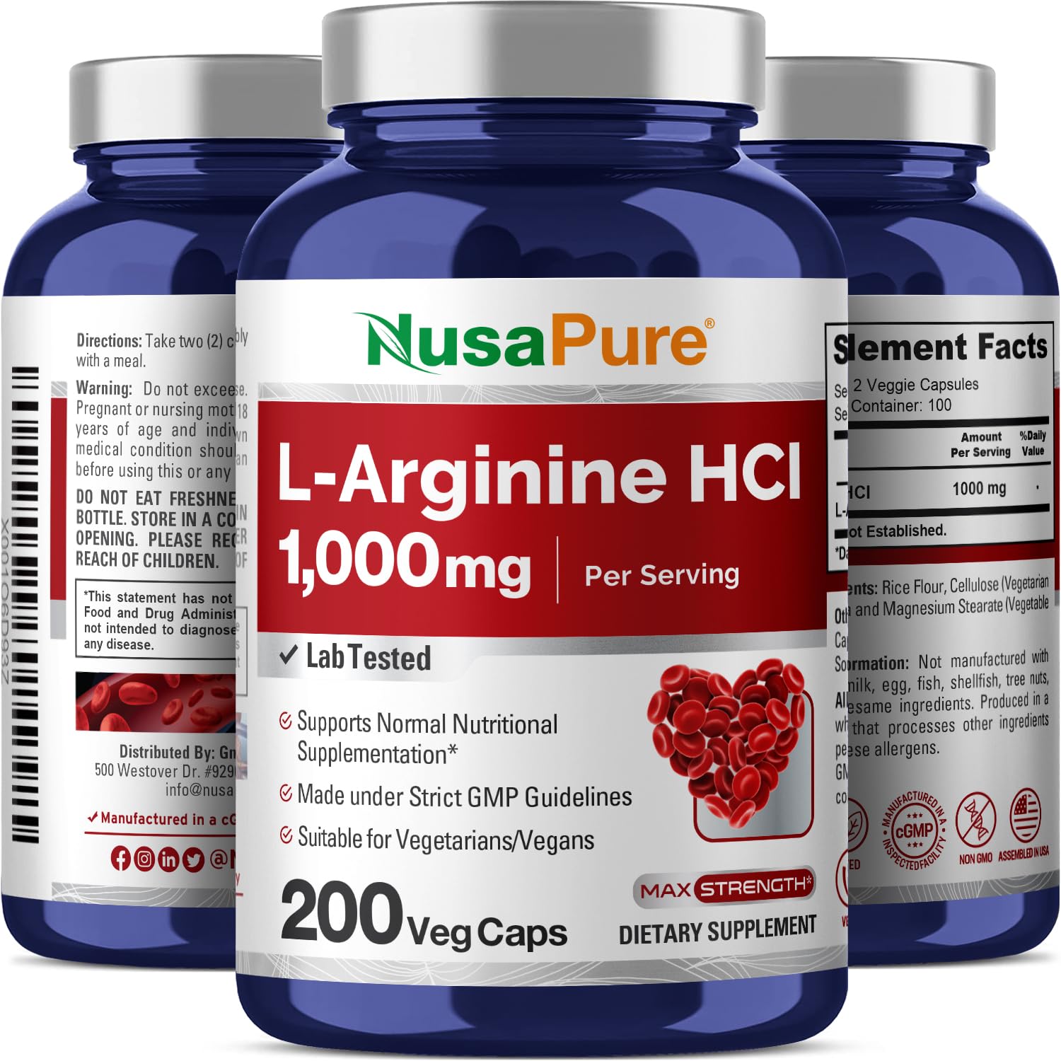 NusaPure L-Arginine 1000 mg 200 Veggie Capsules (Non-GMO, Vegetarian, Vegan) NusaPure uk supplements
