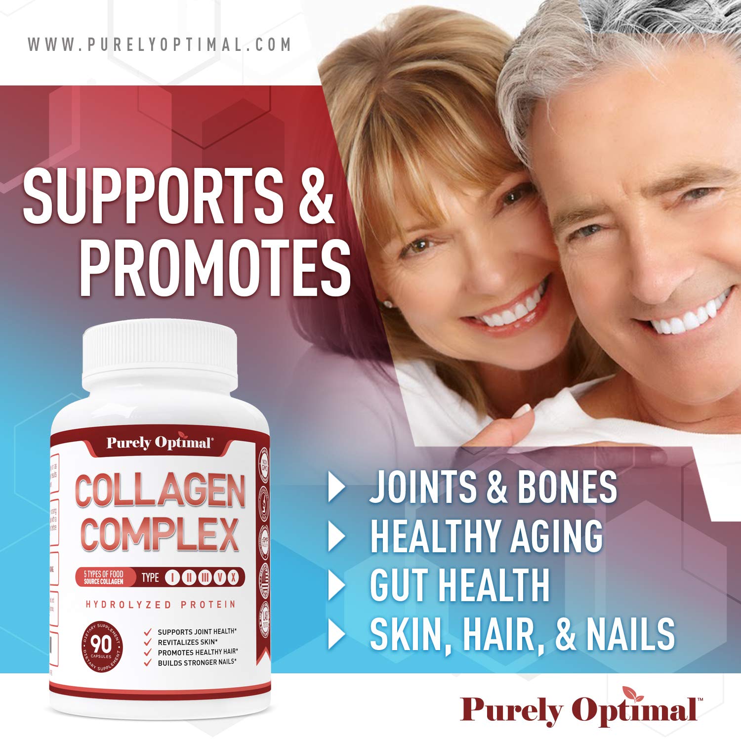 Purely Optimal Premium Multi Collagen Peptides Capsules (Types I, II, III, V, X) - Hair Purely Optimal uk supplements