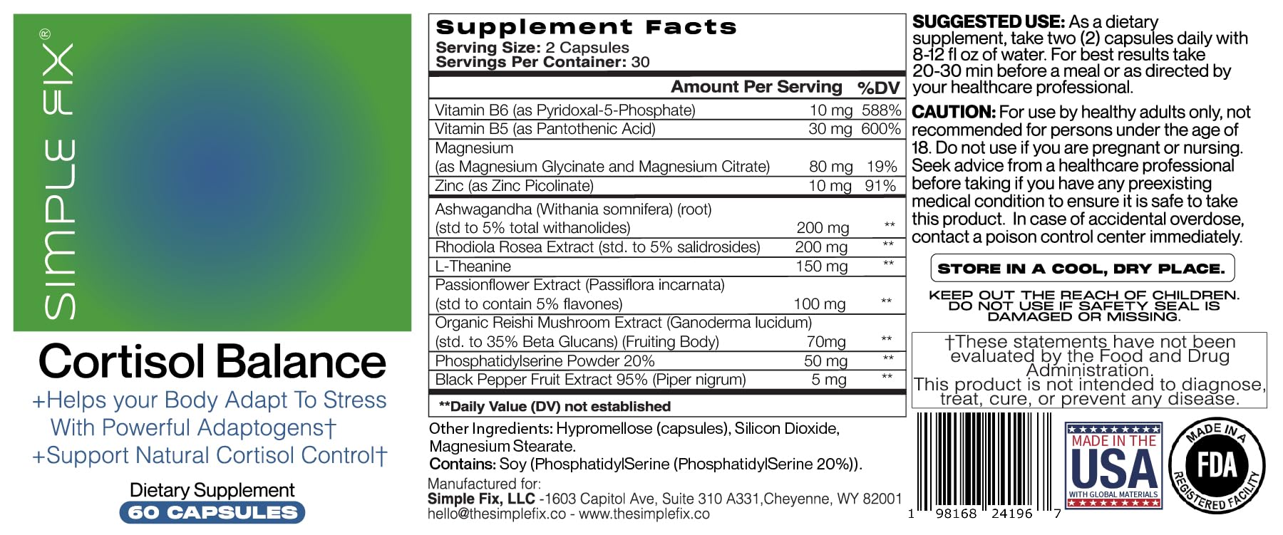 The Simple Fix Cortisol Balance Supplement – Supports Stress, Focus & Daily Energy – with Ashwagandha, Rhodiola Rosea, L-Theanine, Magnesium, Zinc & B6 – Adaptogen Formula – Vegan Capsules The Simple Fix uk supplements