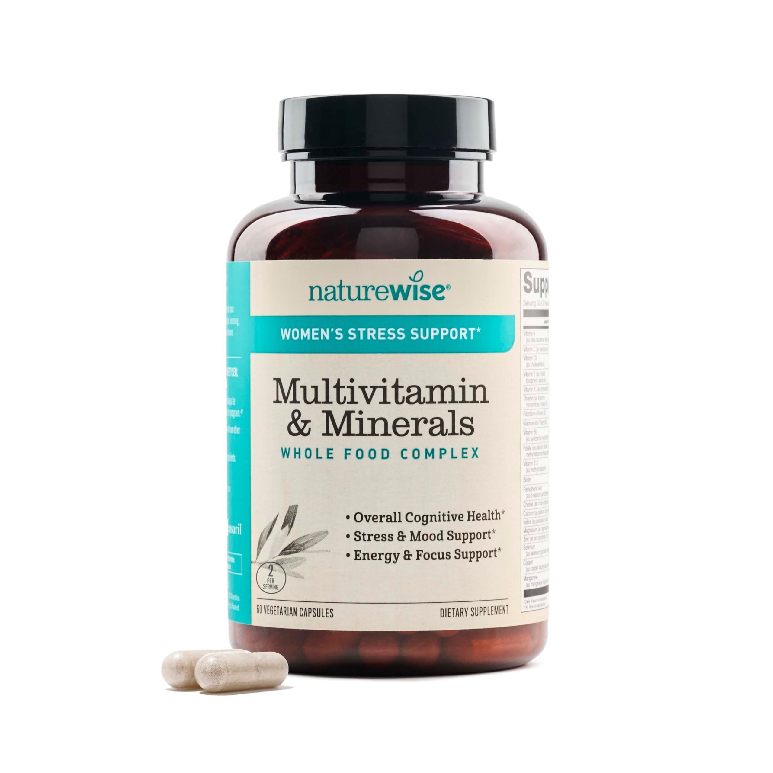 NatureWise Multivitamin for Women + Stress Support with Organic Whole Foods & Natural Minerals - B-Complex + Vitamin C + D3 K2 for Immunity, Hair, Skin & Nails - Non-GMO - 60 Capsules[30-Day Supply] NatureWise uk supplements