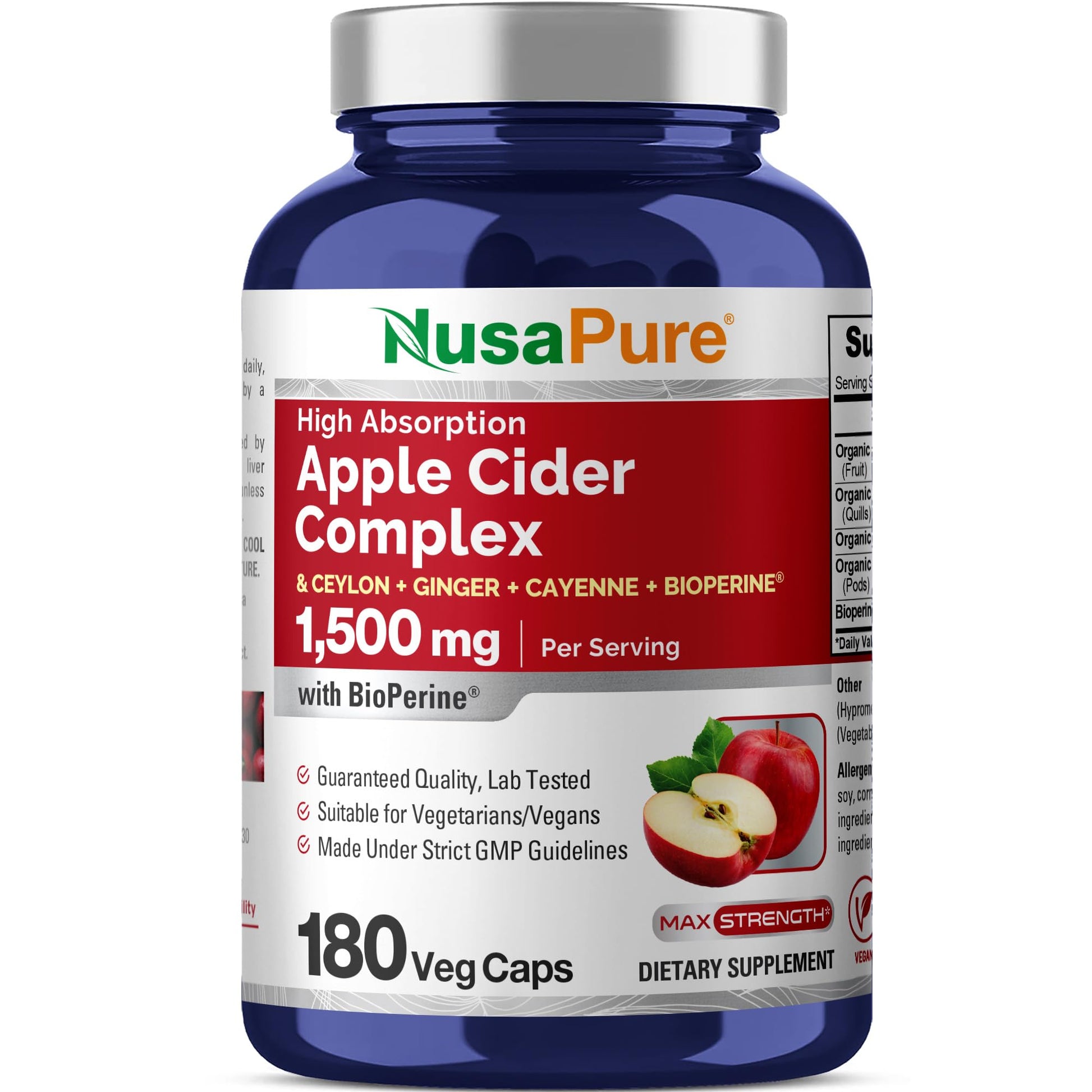 NusaPure Apple Cider Vinegar Complex 1500 mg 180 Veg Caps Suitable for Vegetarians and Vegans, Non-GMO NusaPure uk supplements