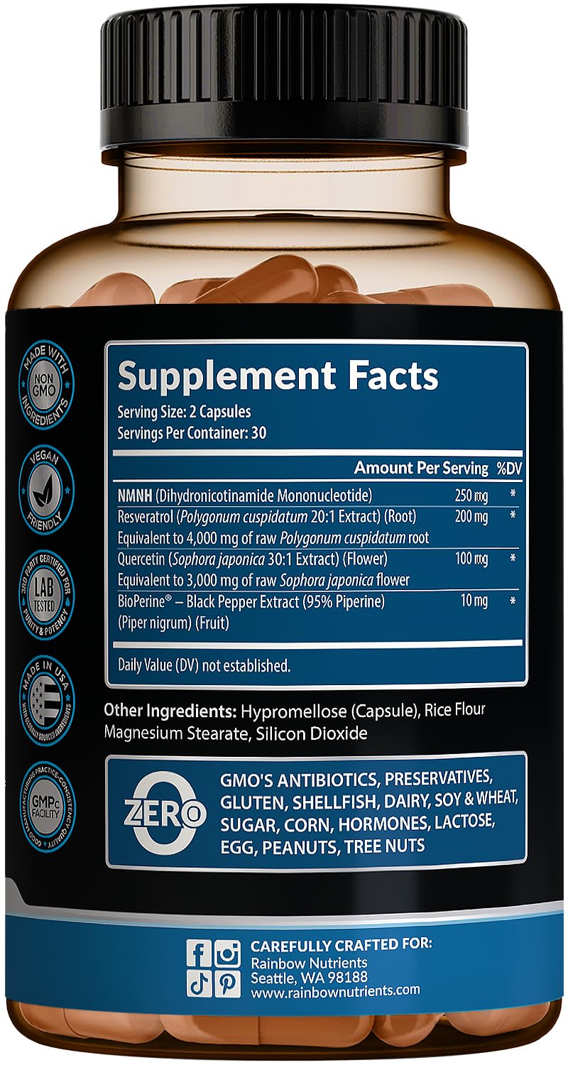 NMNH Supplement (NMN Alternative) NAD Booster for Anti-Aging, Cellular Energy & Nice Skin- Dihydronicotinamide mononucleotide, Resveratrol, Quercetin & BioPerine® for Max Absorption- 60 caps Rainbow Nutrients, LLC uk supplements