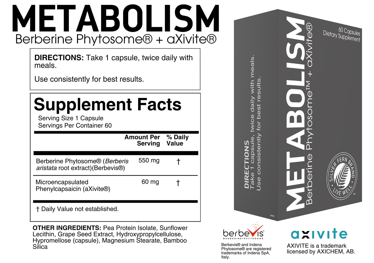 Silver Fern Brand Metabolism Supplement + Berberine Phytosome & aXivite – Supports Function & Wellness – 60 Capsules Silver Fern uk supplements