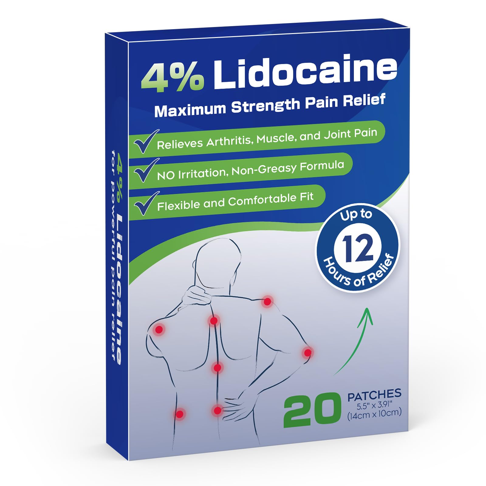Uposiut 4% Lidocaine Patches - 20 Count Maximum Strength Lidocaine Patches, 10 Packs of 2 Patches for Muscle Pain Relief in The Neck, Shoulders, Back, Knees, and Anks, 12 Hour Pain Relief-012345 Uposiut uk supplements
