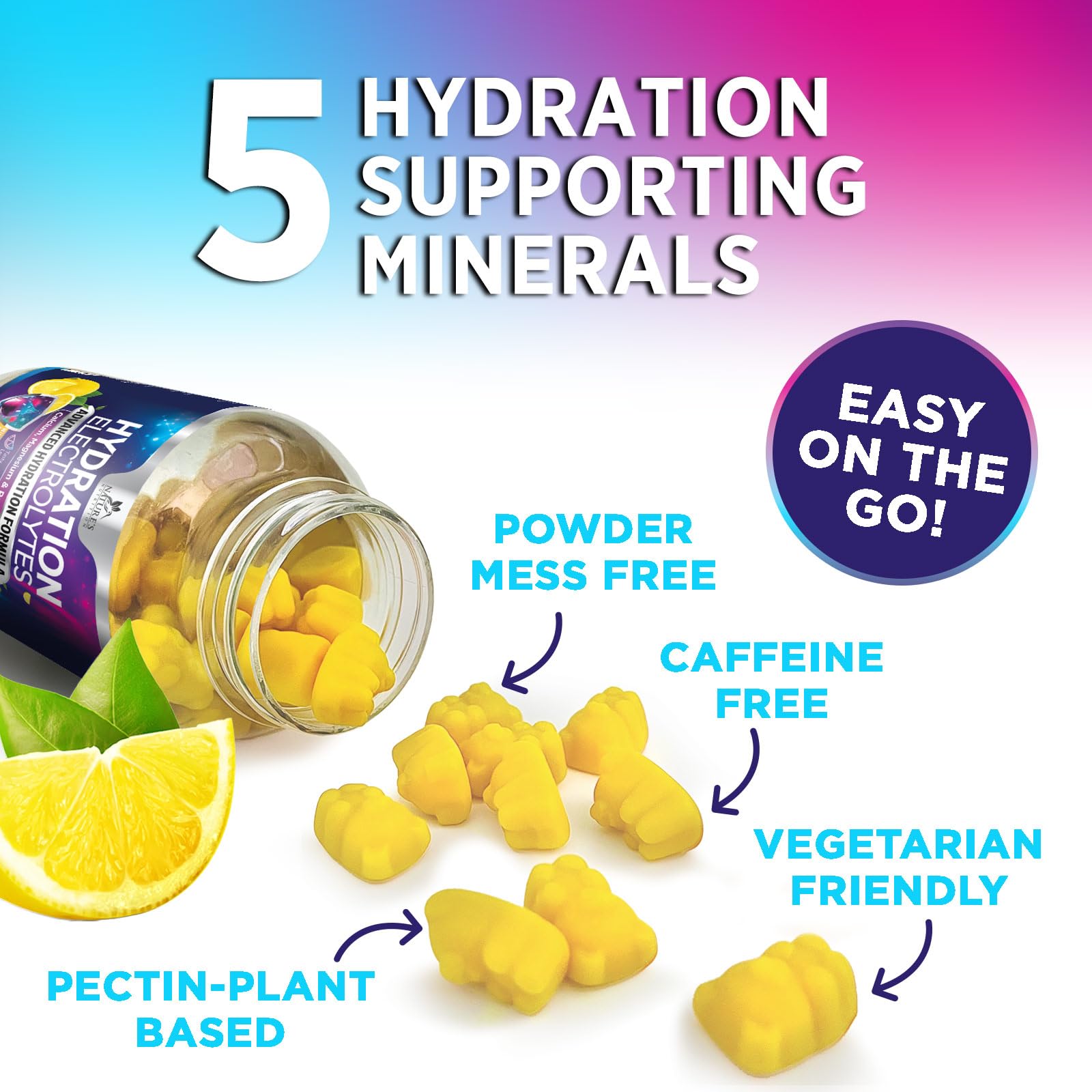 Hydration Electrolyte Gummies - Daily Liquid Replenisher Gummy - Electrolyte Multiplier with Minerals, Potassium & Real Salt - Vegan, Non-GMO - Tasty Lemon Flavor Hydration Electrolytes Nature's Nutrition uk supplements