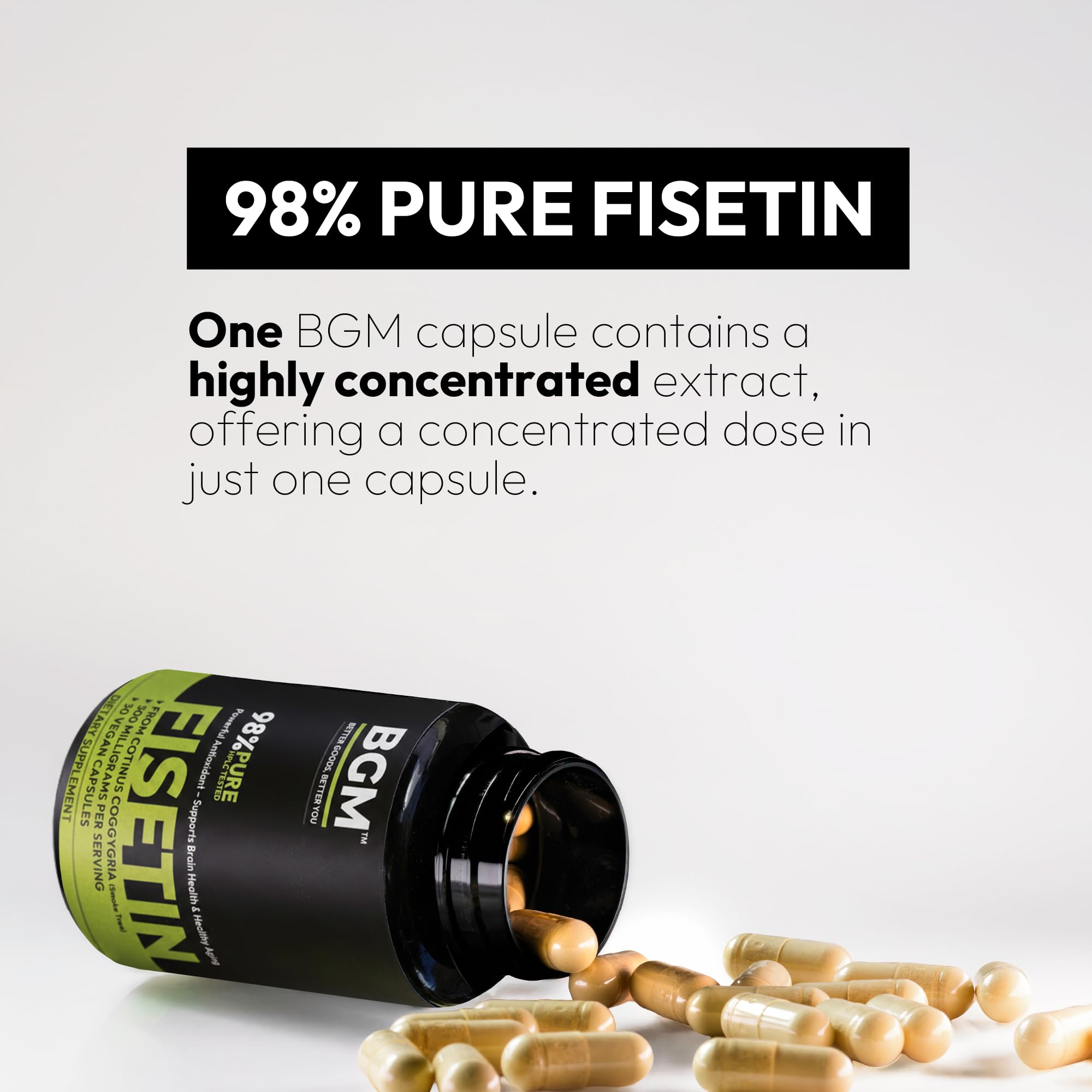 BGM Fisetin 500mg Supplement | Smoke Tree Extract (Cotinus coggygria) | 98% Pure Senolytic Antioxidant | Vegan Capsules | Supports Brain Health & Healthy Aging BGM Better Goods, Better You uk supplements