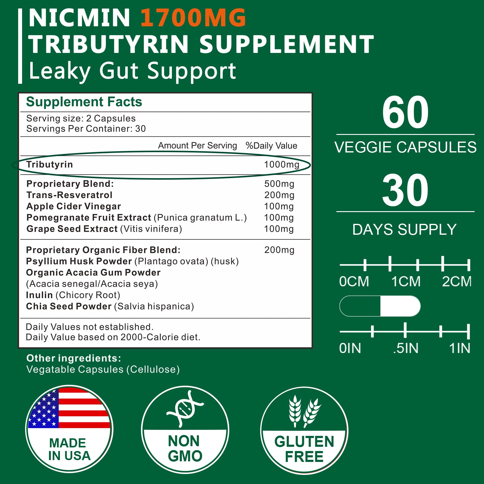 NICMIN Tributyrin Supplement - Premium Butyrate Gut Health Supplement for Leaky Gut 60 Capsules NICMIN uk supplements