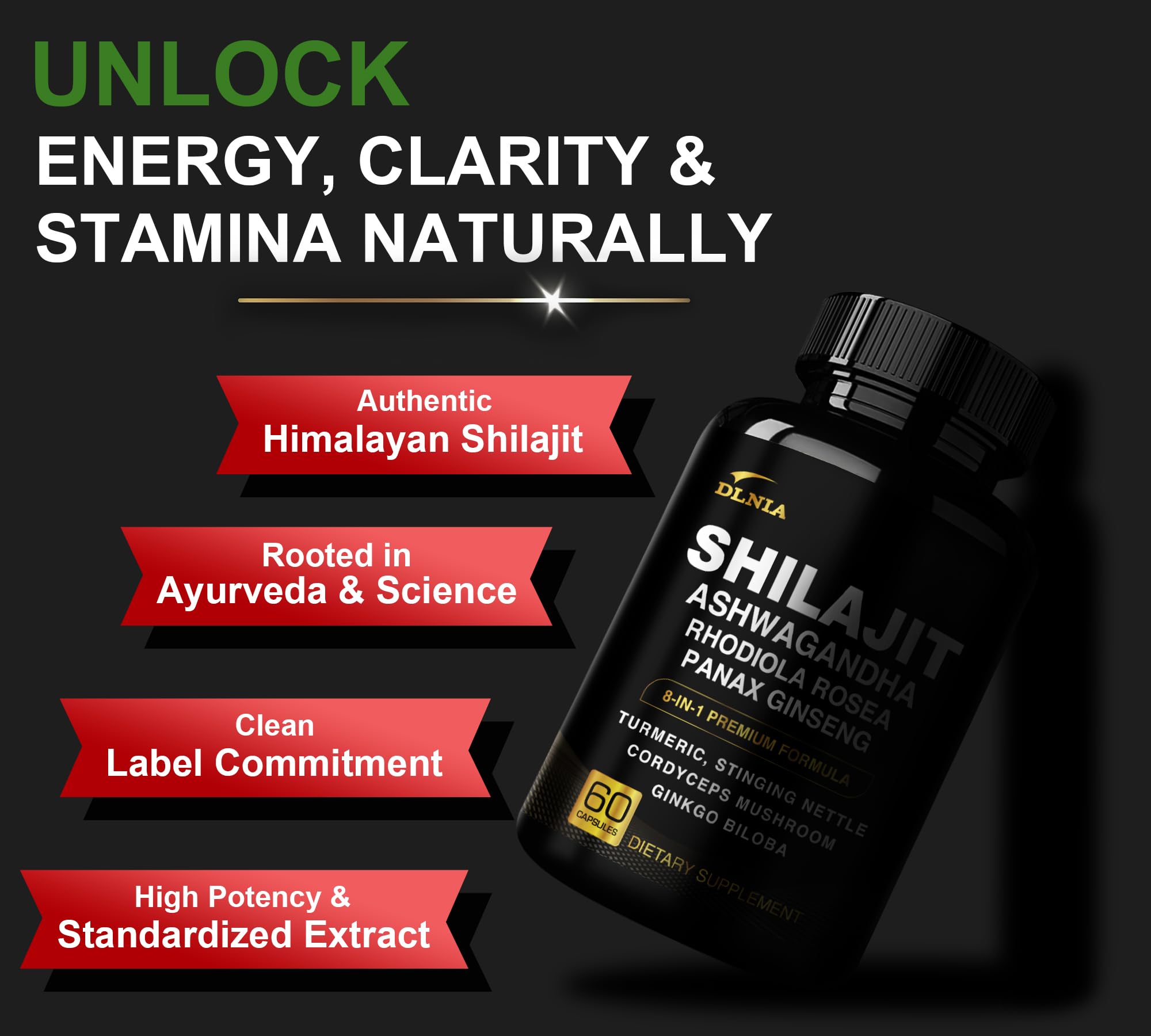 DLNIA 8-in-1 Shilajit for Men & Women with Ashwaganda Himalayan Organic Supplement with Rhodiola Rosea, Ginseng, Turmeric, Mushroom, for Immune Support, Energy, Calm, Focus, Clarity, Sleep, Cortisol DLNIA uk supplements