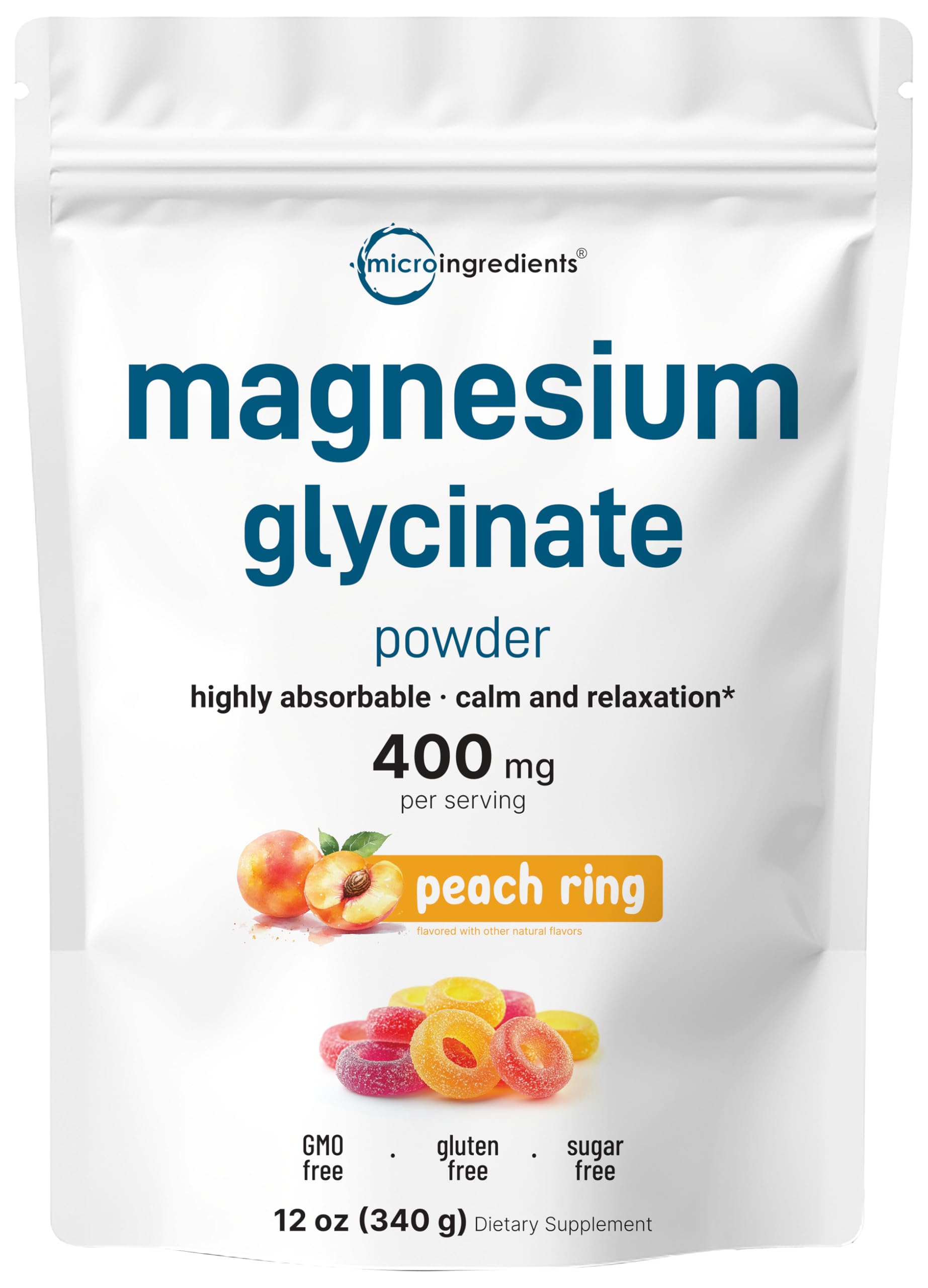 Magnesium Powder, 12oz (56 Servings) | Magnesium Glycinate Powder | Sweet Peach Ring Flavored | Sleep, Muscle, Heart & Nerve Health Support | Easily Absorbed | Non-GMO, Vegan, Sugar Free Micro Ingredients uk supplements