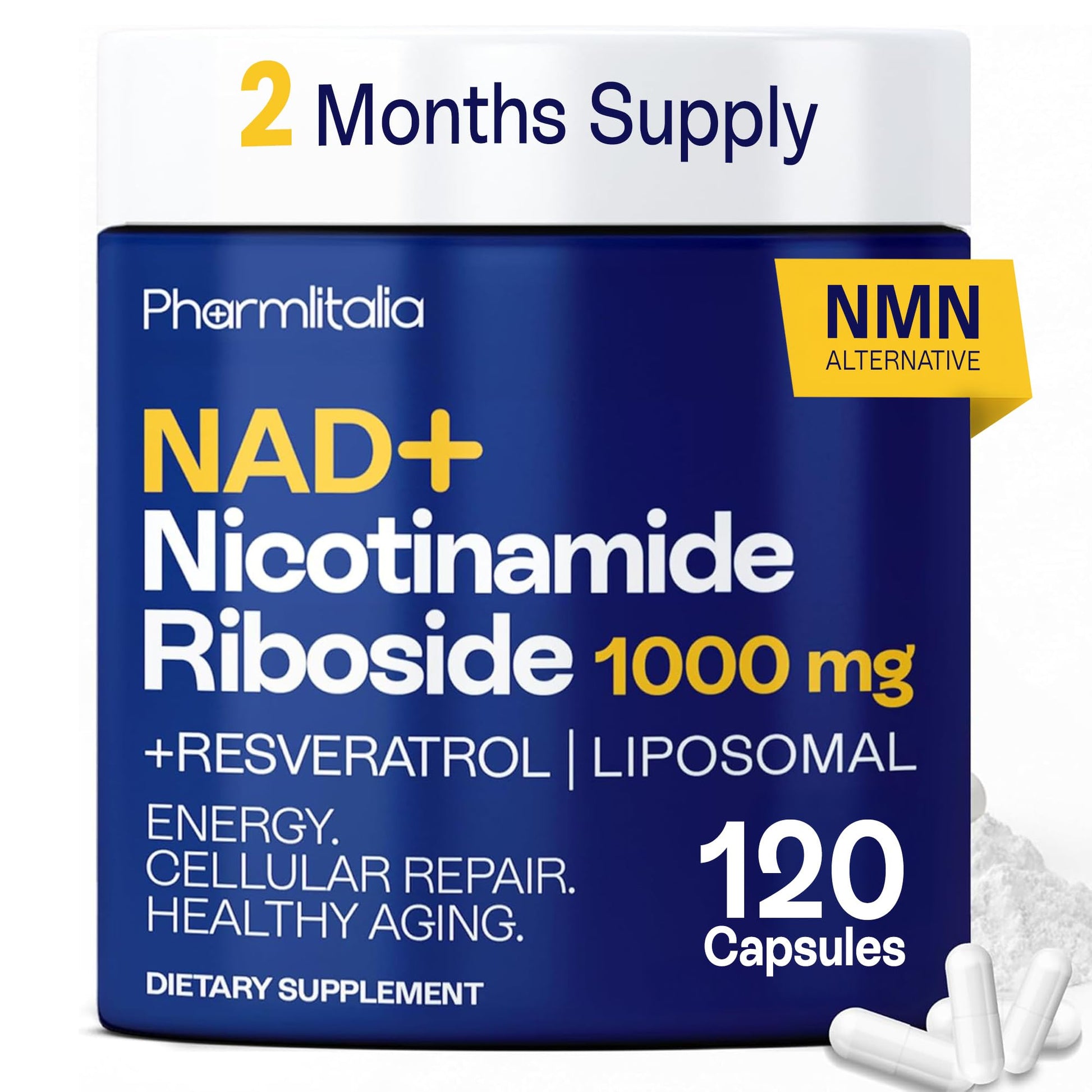 Liposomal NAD+ Supplement with Resveratrol - Nicotinamide Riboside 1000 Mg - NAD Supplements for Women & Men - NMN Supplement Alternative - Advanced NAD Resveratrol for Cellular Energy - 120 Capsules Pharmlitalia uk supplements