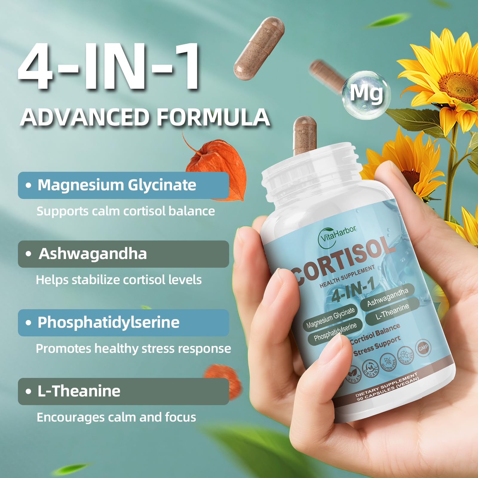 VitaHarbor Cortisol Supplement for Women and Men, 4-in-1 Cortisol Reducer with Magnesium Glycinate, Ashwagandha, Phosphatidylserine, L-Theanine, for Relaxation & Calm Support, 90 Veg Caps VitaHarbor uk supplements