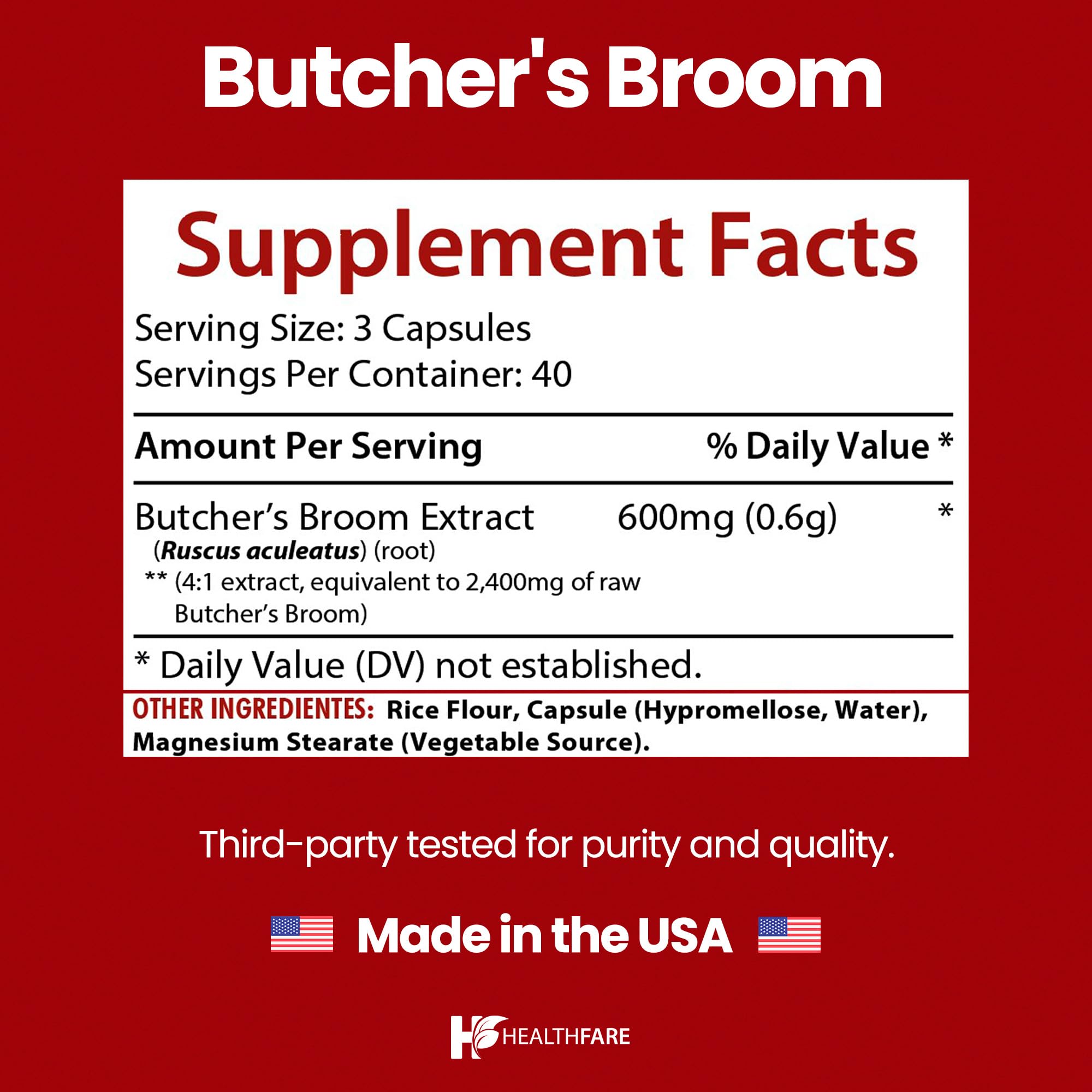 Healthfare Butchers Broom Supplement | Capsules Extract 2400mg | 120 Vegetarian Pills | Premium Herbal Root Supplement | Circulation & Vein Support | Non-GMO, Gluten-Free | Made in USA Healthfare uk supplements