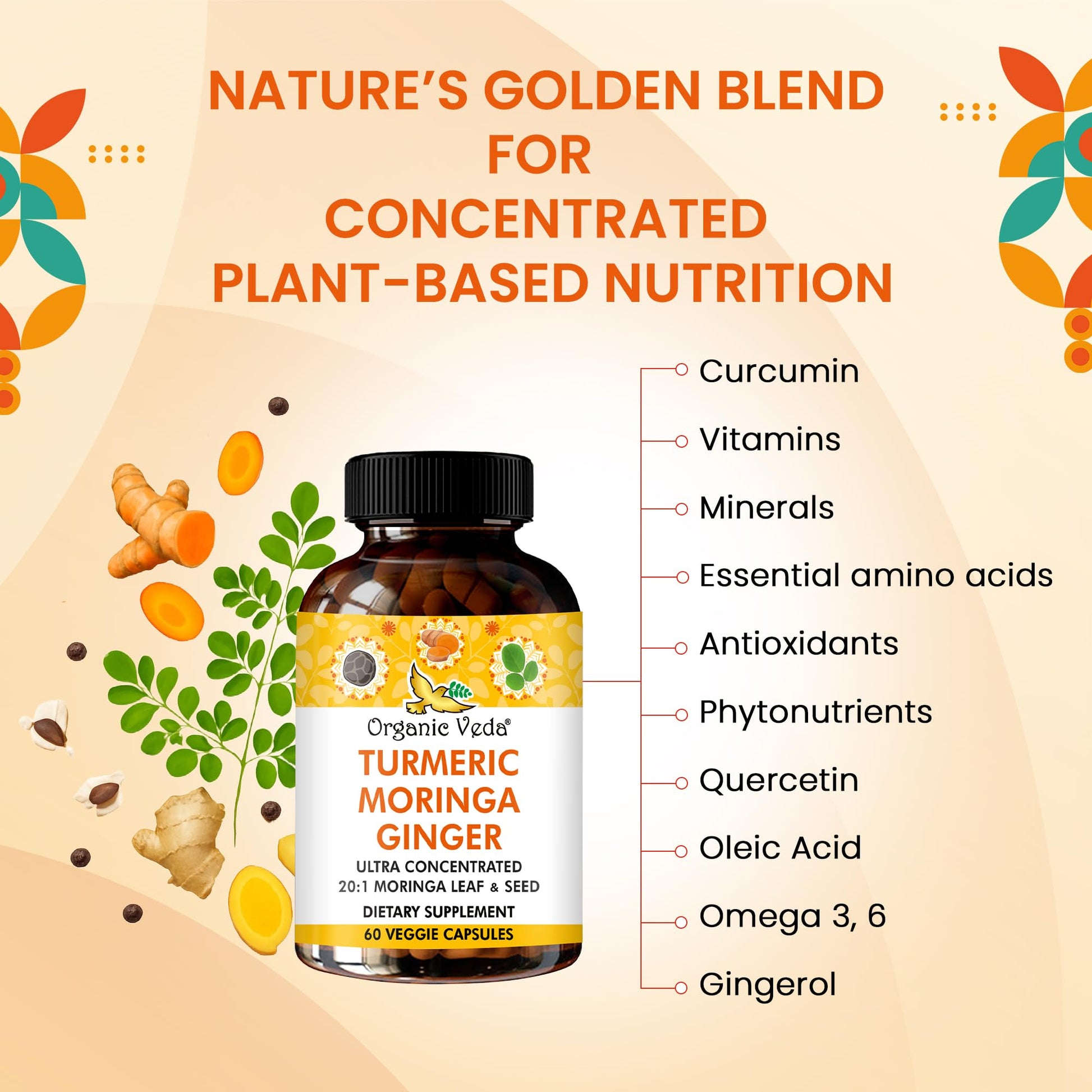 Organic Veda Turmeric Moringa Ginger Capsules - Super Antioxidants & Curcumin Supplement with 20:1 Moringa Leaf & Seed Extract, Black Pepper - Energy, Joints, Heart Health Support - 60 Vegan Pills Organic Veda uk supplements