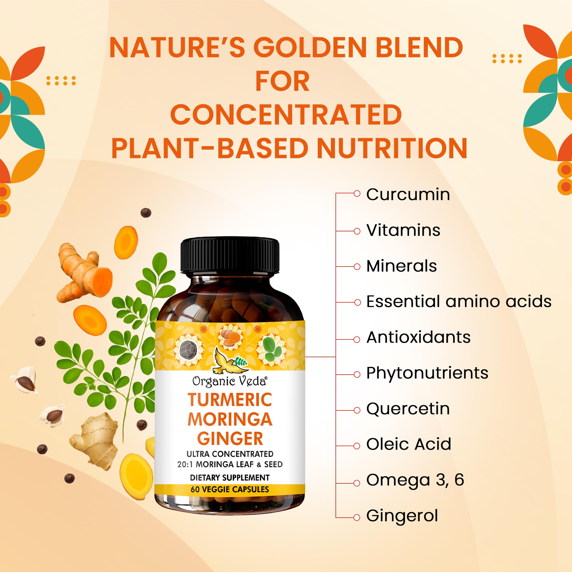 Organic Veda Turmeric Moringa Ginger Capsules - Super Antioxidants & Curcumin Supplement with 20:1 Moringa Leaf & Seed Extract, Black Pepper - Energy, Joints, Heart Health Support - 60 Vegan Pills Organic Veda uk supplements