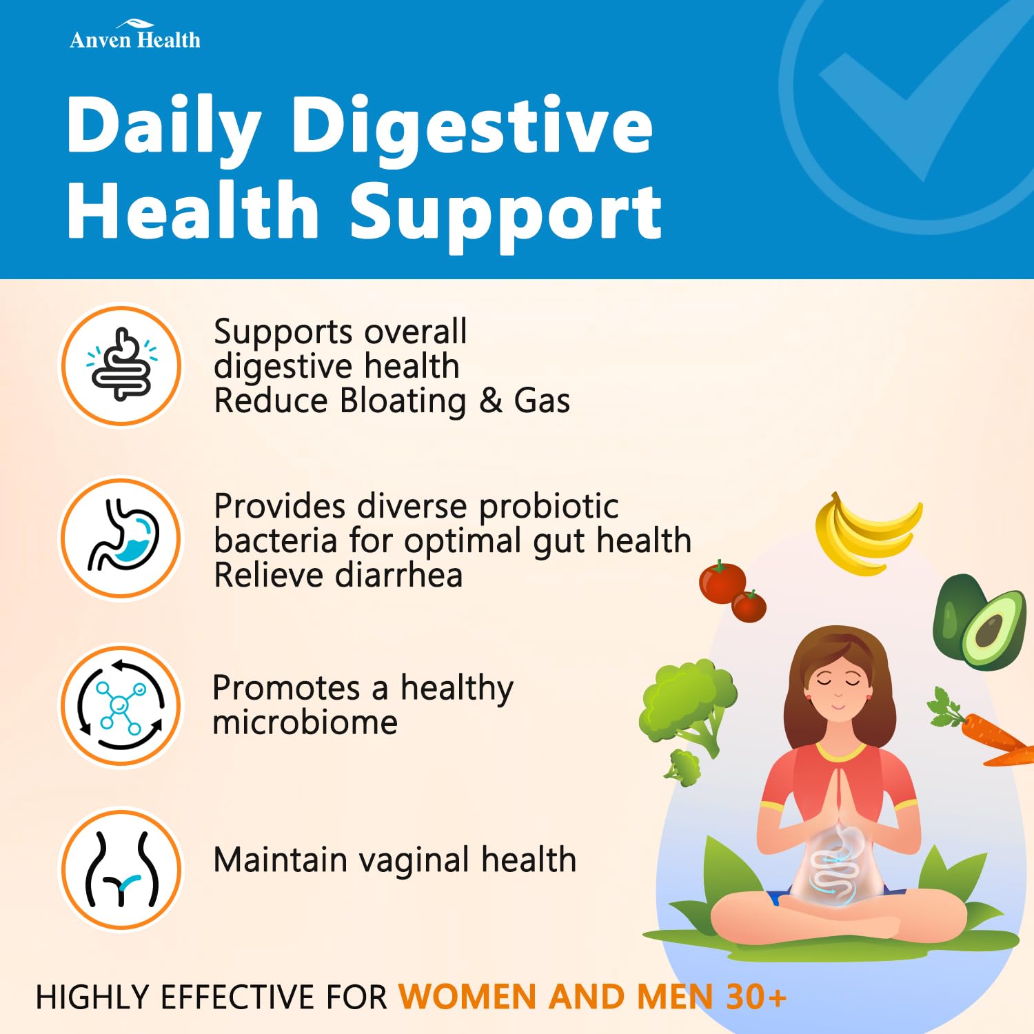 Anven Health 60 Billion Probiotics for Women and Men 19 Strains 5 Organic Prebiotics for Gut Digestive & Immune Health, Supports Diarrhea Gas Bloating, Vegan Probiotic Supplement Formula丨120 Caps Anven Health uk supplements