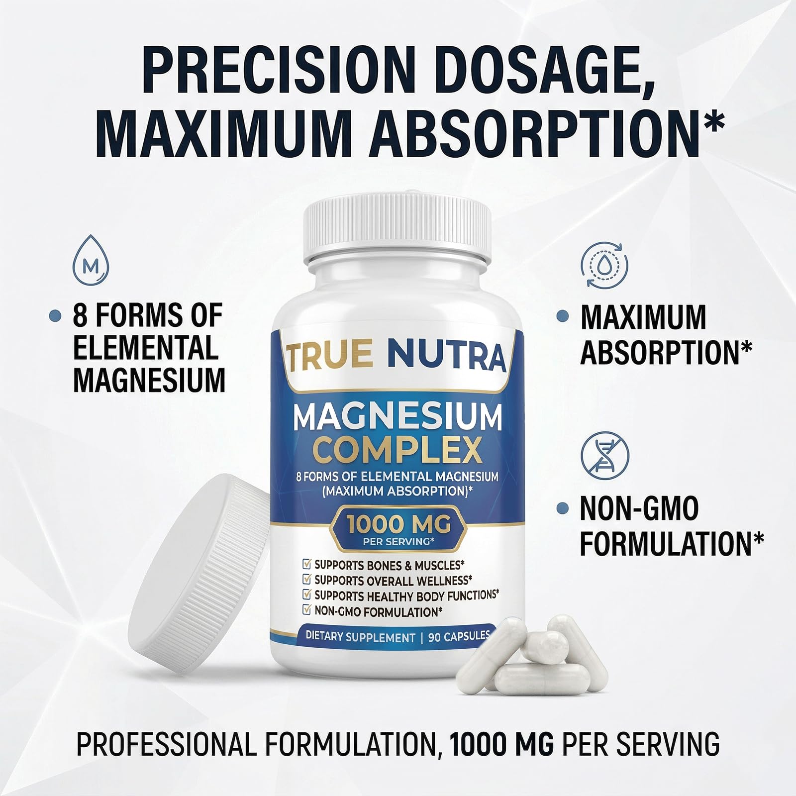 True nutra Magnesium Complex，Advanced 8-in-1 Magnesium Blend，Glycinate, Citrate, Malate, Taurate etc，High Formula，90 Capsules true nutra uk supplements
