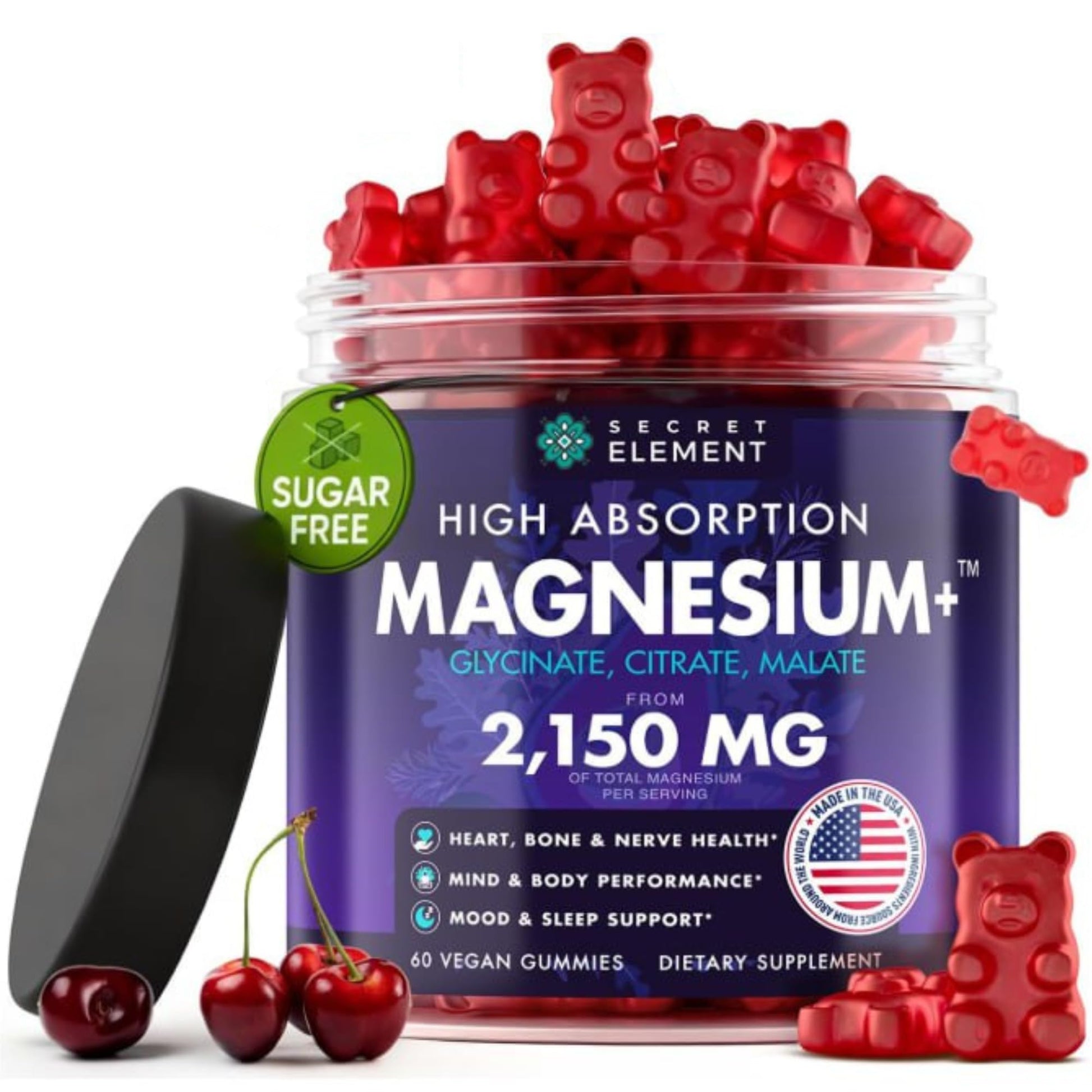 Magnesium Gummies 3in1 - Glycinate, Citrat, Malate 2150 MG High Absorption Supplement, Sugar-Free, Vegan, Chews for Men & Women, Inspired by Wellness Traditions Like Arjuna, 60 Gummies, Cherry Flavor Secret Element uk supplements