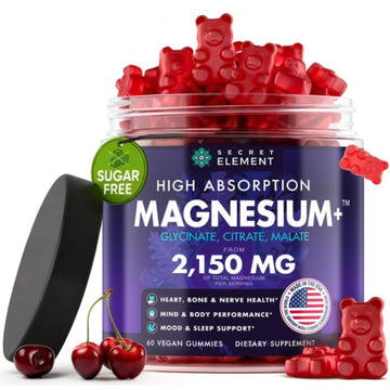 Magnesium Gummies 3in1 - Glycinate, Citrat, Malate 2150 MG High Absorption Supplement, Sugar-Free, Vegan, Chews for Men & Women, Inspired by Wellness Traditions Like Arjuna, 60 Gummies, Cherry Flavor Secret Element uk supplements