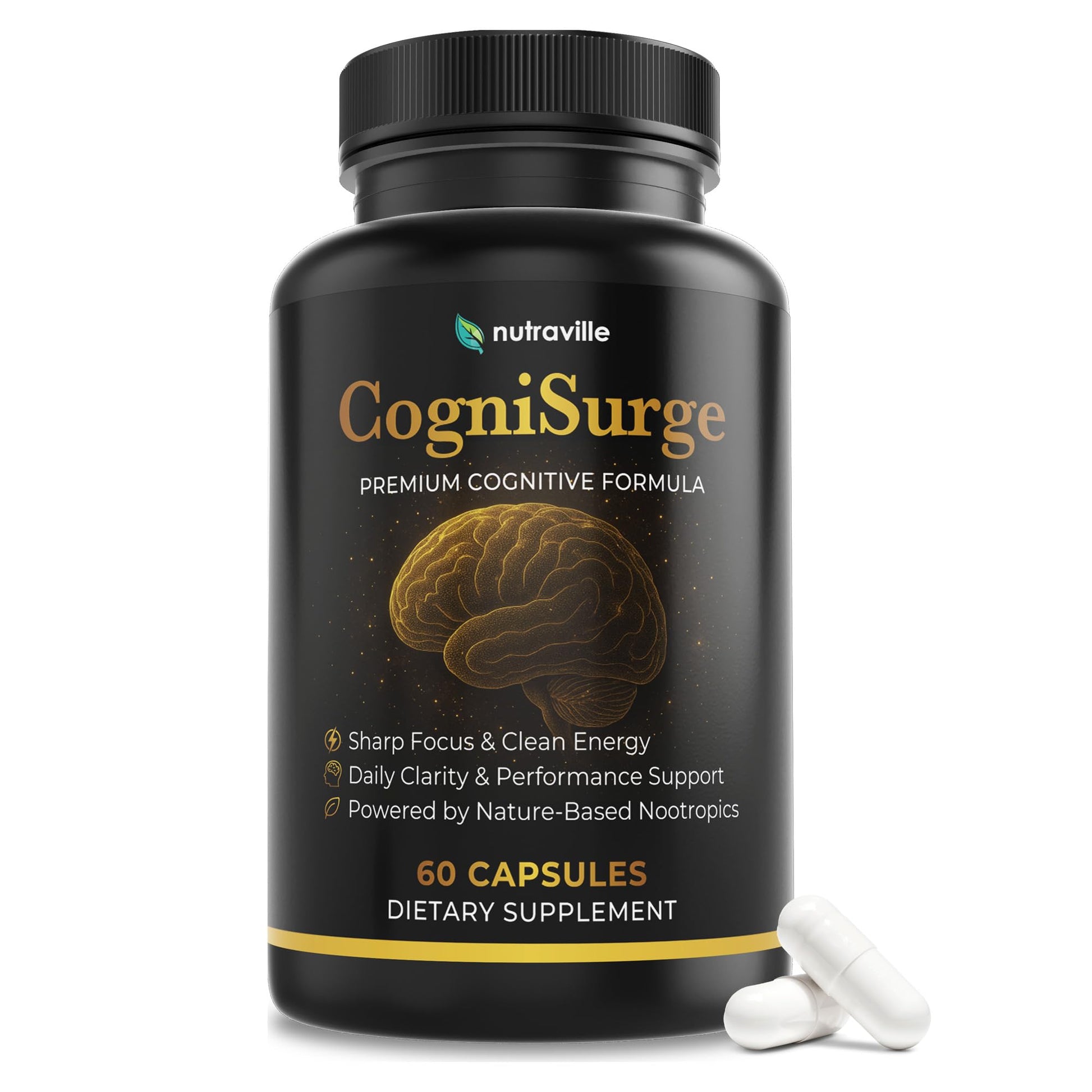 Nutraville CogniSurge Nootropics Brain Support Supplement for Memory and Focus - Nature-Powered Lion's Mane Supplement Capsules with Shilajit - No Caffeine or Stimulants - 30 Servings Nutraville uk supplements