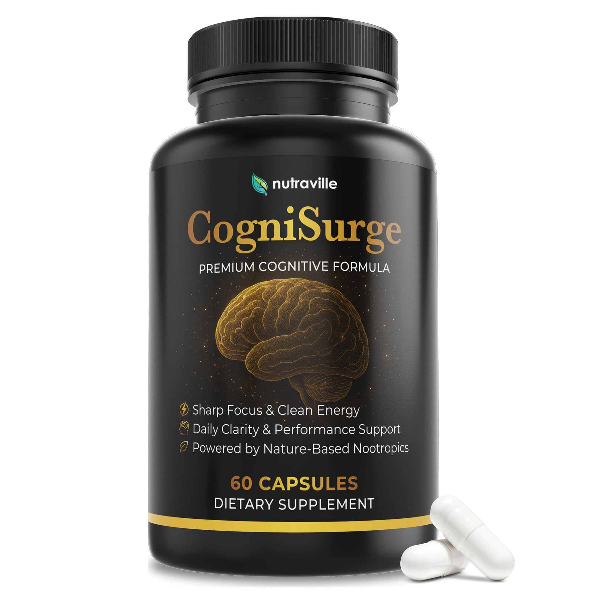 Nutraville CogniSurge Nootropics Brain Support Supplement for Memory and Focus - Nature-Powered Lion's Mane Supplement Capsules with Shilajit - No Caffeine or Stimulants - 30 Servings Nutraville uk supplements