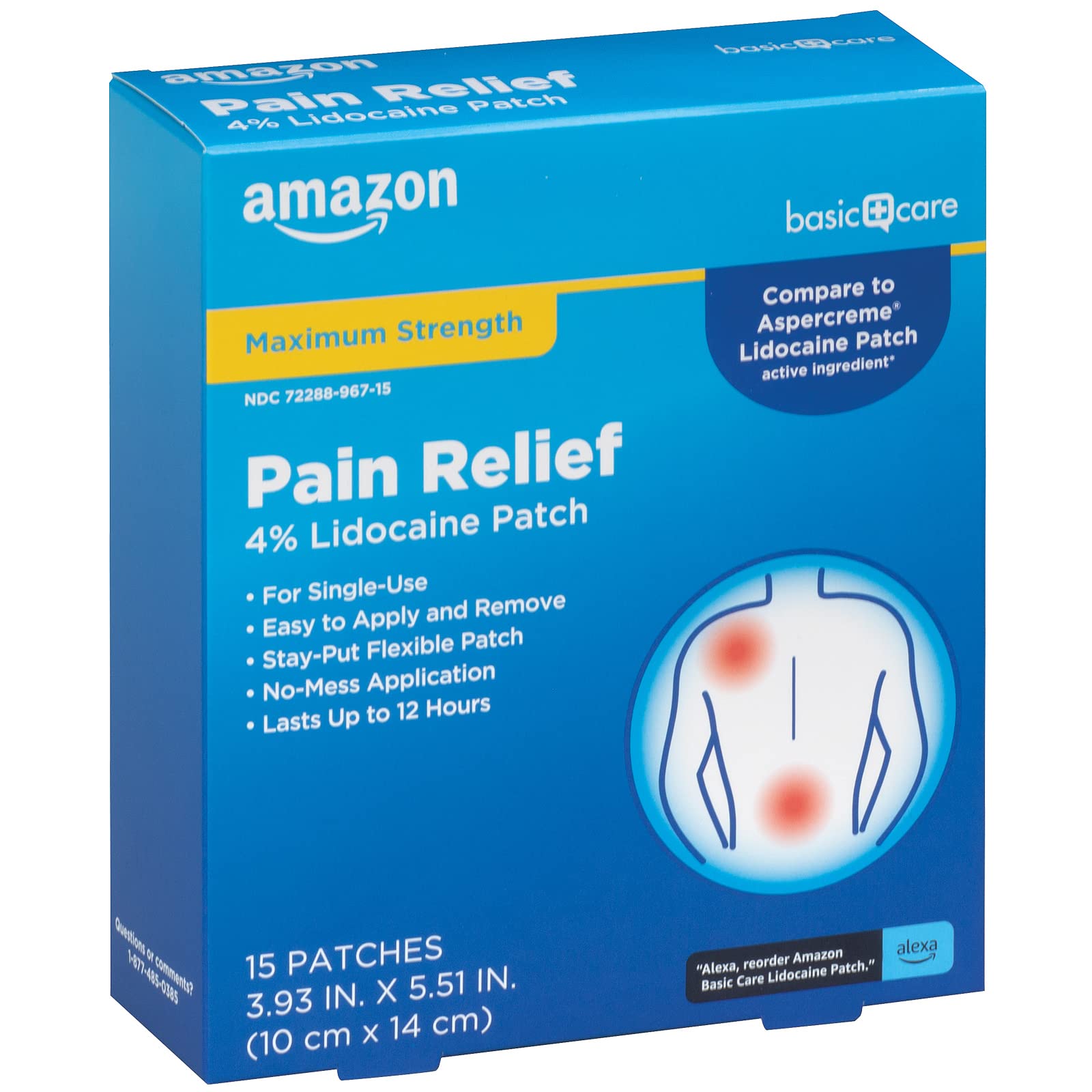 Amazon Basic Care Maximum Strength OTC Pain Relief , 4% Lidocaine Patch, 3.9” x 5.5”, 15-Count Box (Previously HealthWise) Amazon Basic Care uk supplements
