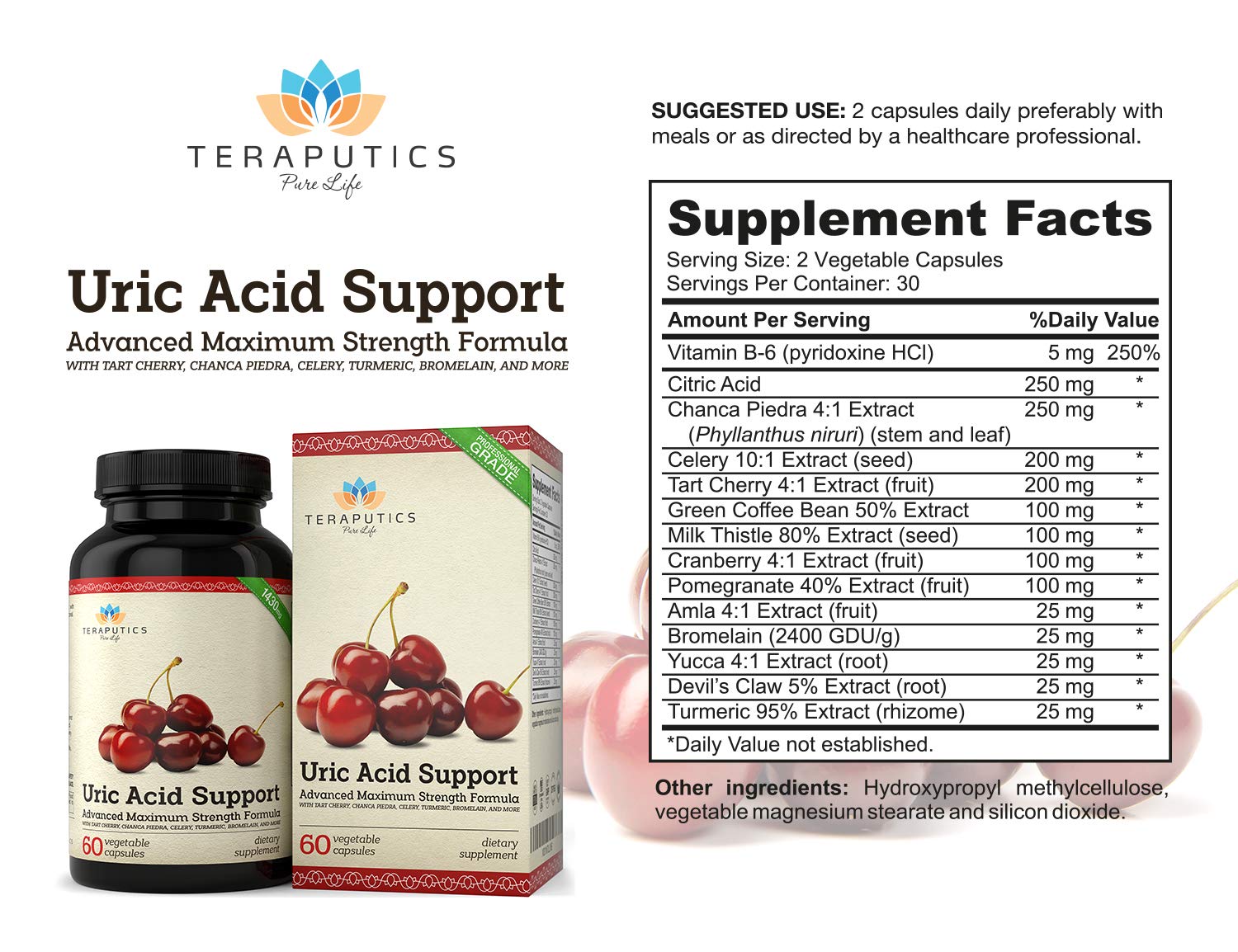 Uric Acid Support Formula | Advanced Uric Acid Cleanse & Kidney Support Supplement - Includes Tart Cherry Concentrate, Celery Seed Extract + 12 More High Potency Ingredients, 60 Veggie Capsules Teraputics uk supplements