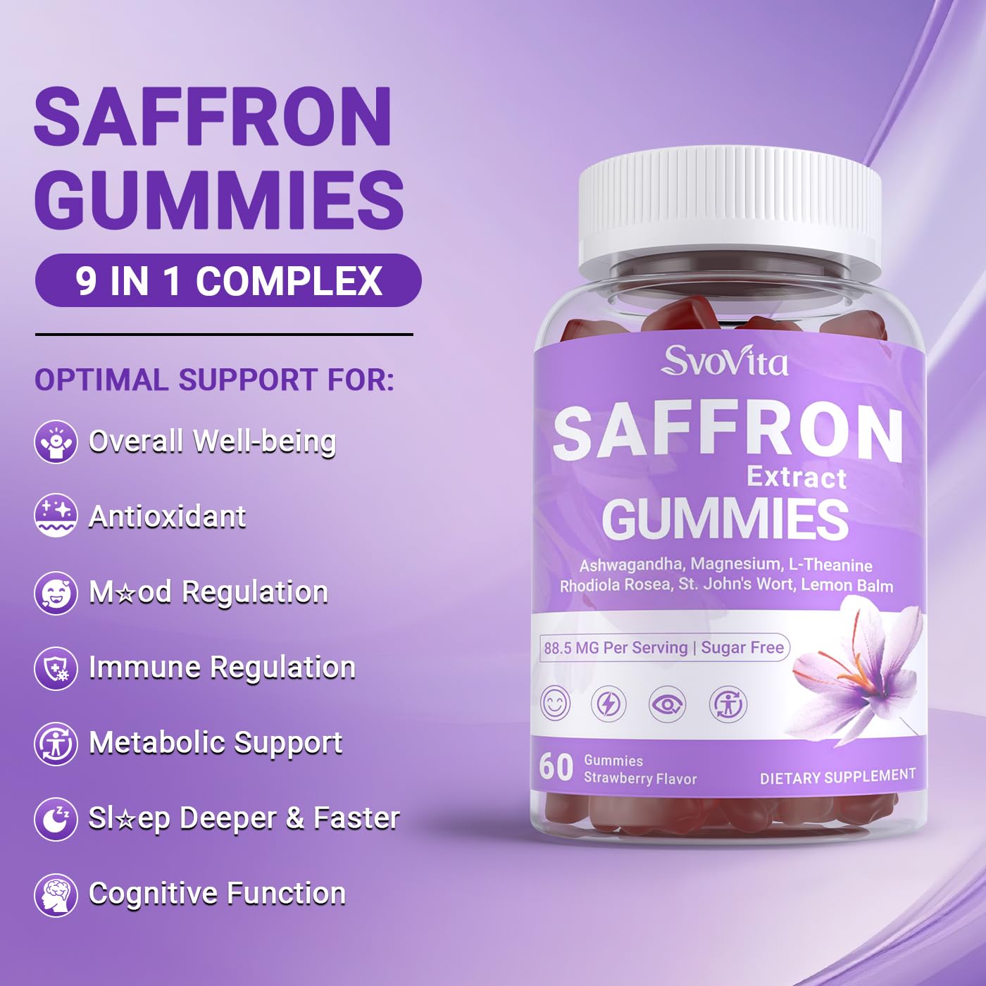 Svovita Saffron Supplements Gummies with Saffron Extract, Sugar Free 60 Count Svovita uk supplements